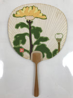 Japanese Paper Fan Uchiwa Vtg Wooden Handle Dandelion Tanpopo Yellow Green U179