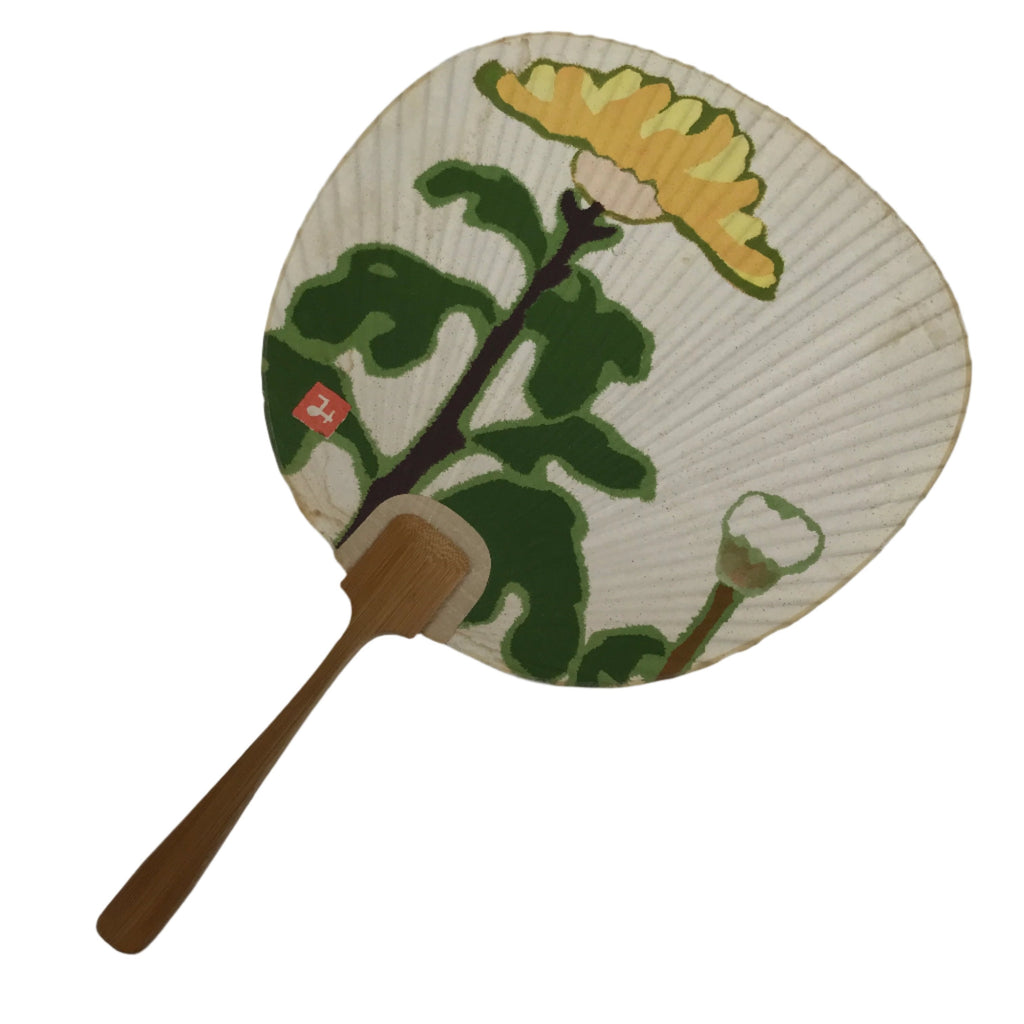 Japanese Paper Fan Uchiwa Vtg Wooden Handle Dandelion Tanpopo Yellow Green U179