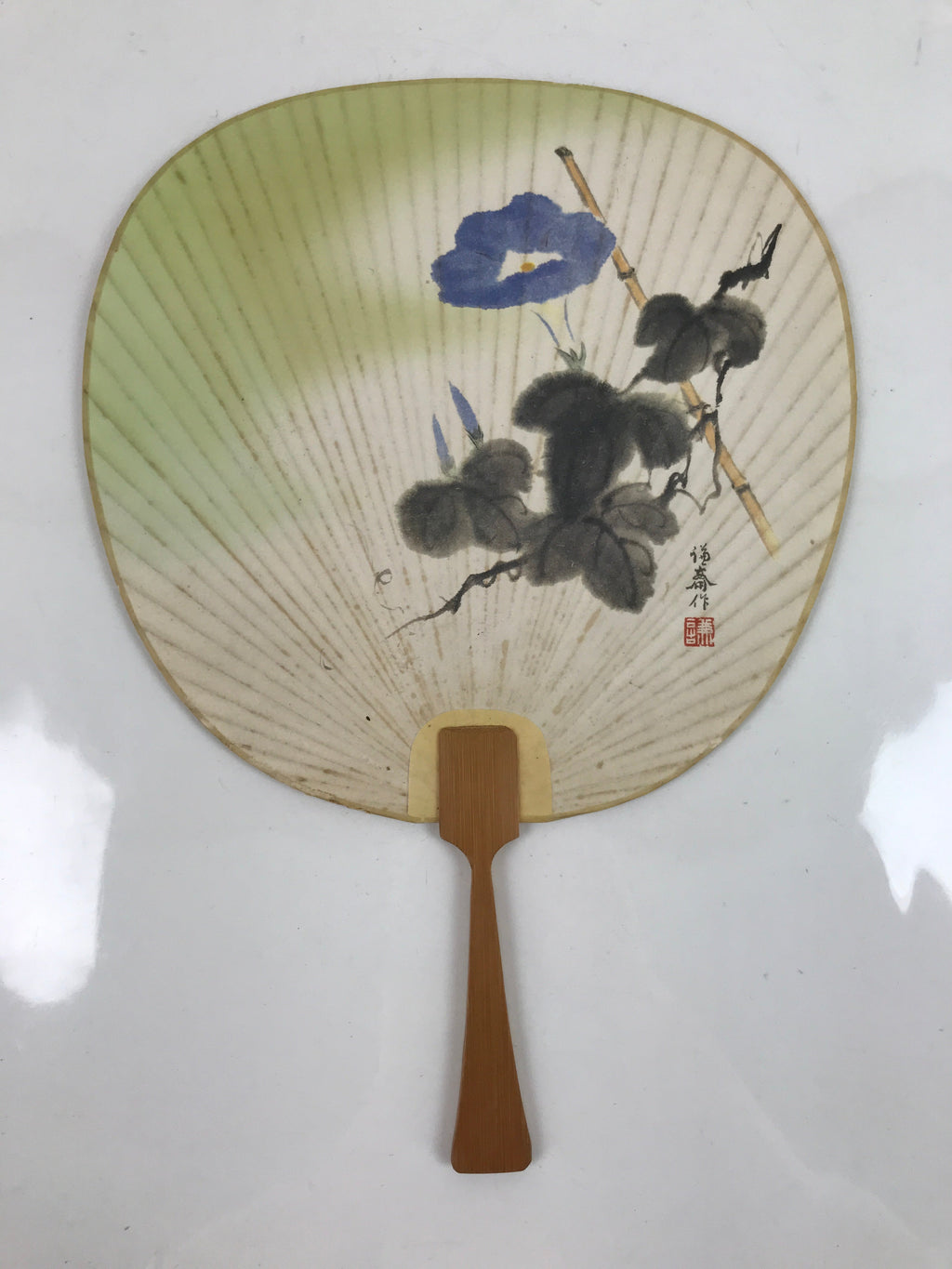 Japanese Paper Fan Uchiwa Vtg Wooden Handle Morning Glories Asagao Blue U170
