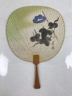 Japanese Paper Fan Uchiwa Vtg Wooden Handle Morning Glories Asagao Blue U170