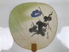 Japanese Paper Fan Uchiwa Vtg Wooden Handle Morning Glories Asagao Blue U170