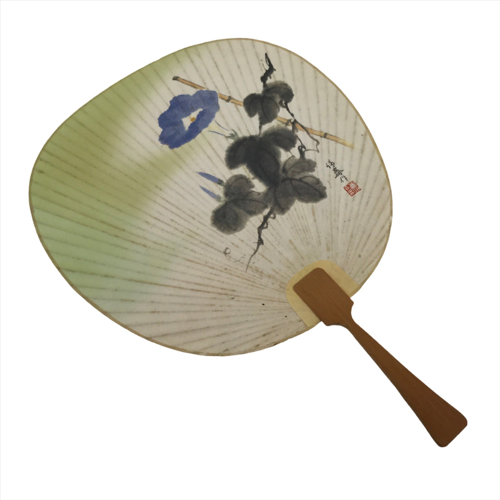 Japanese Paper Fan Uchiwa Vtg Wooden Handle Morning Glories Asagao Blue U170