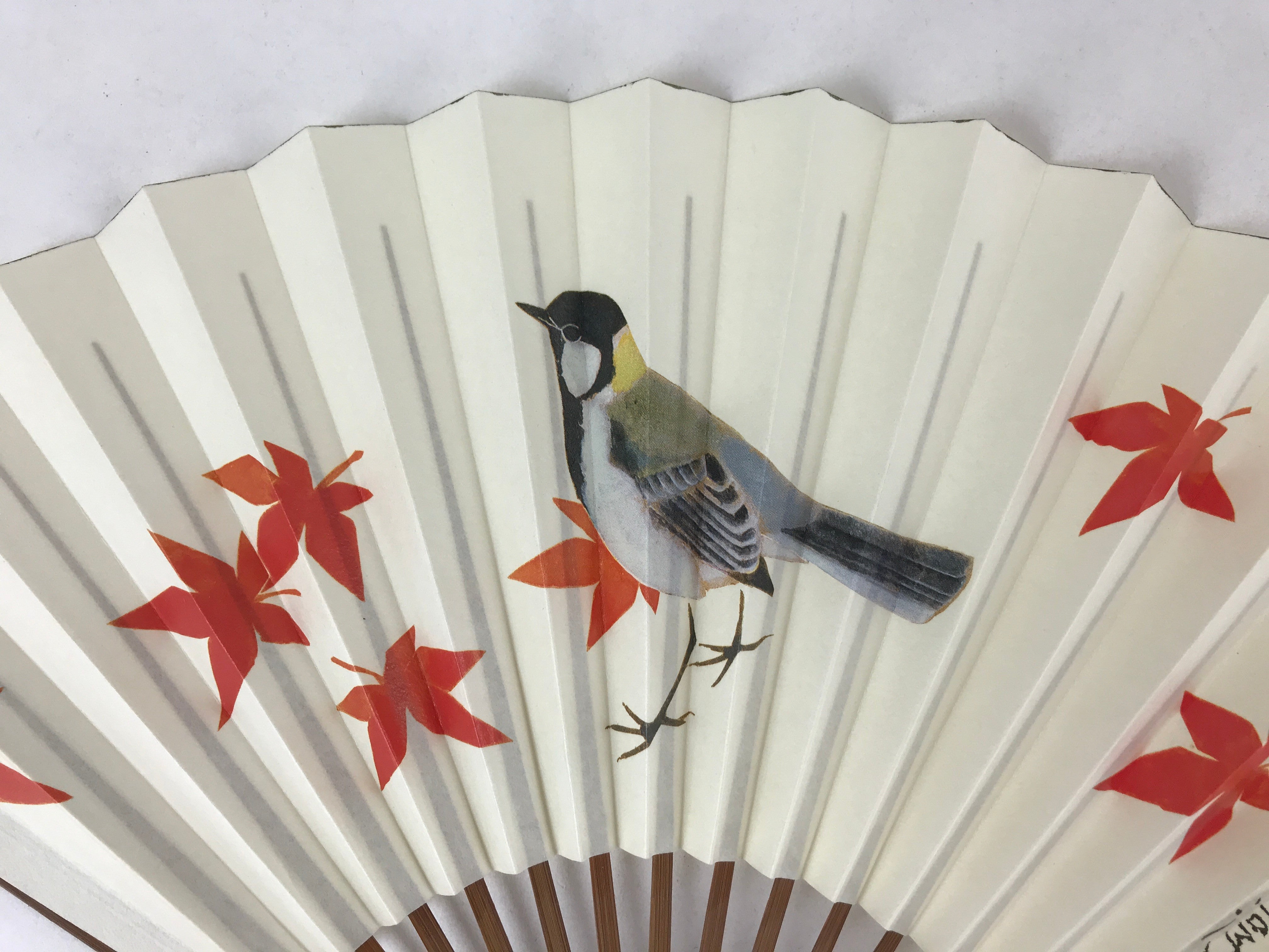 Japanese Paper Folding Fan Sensu Bamboo Frame Bird Momiji Higashi Honganji 4D785