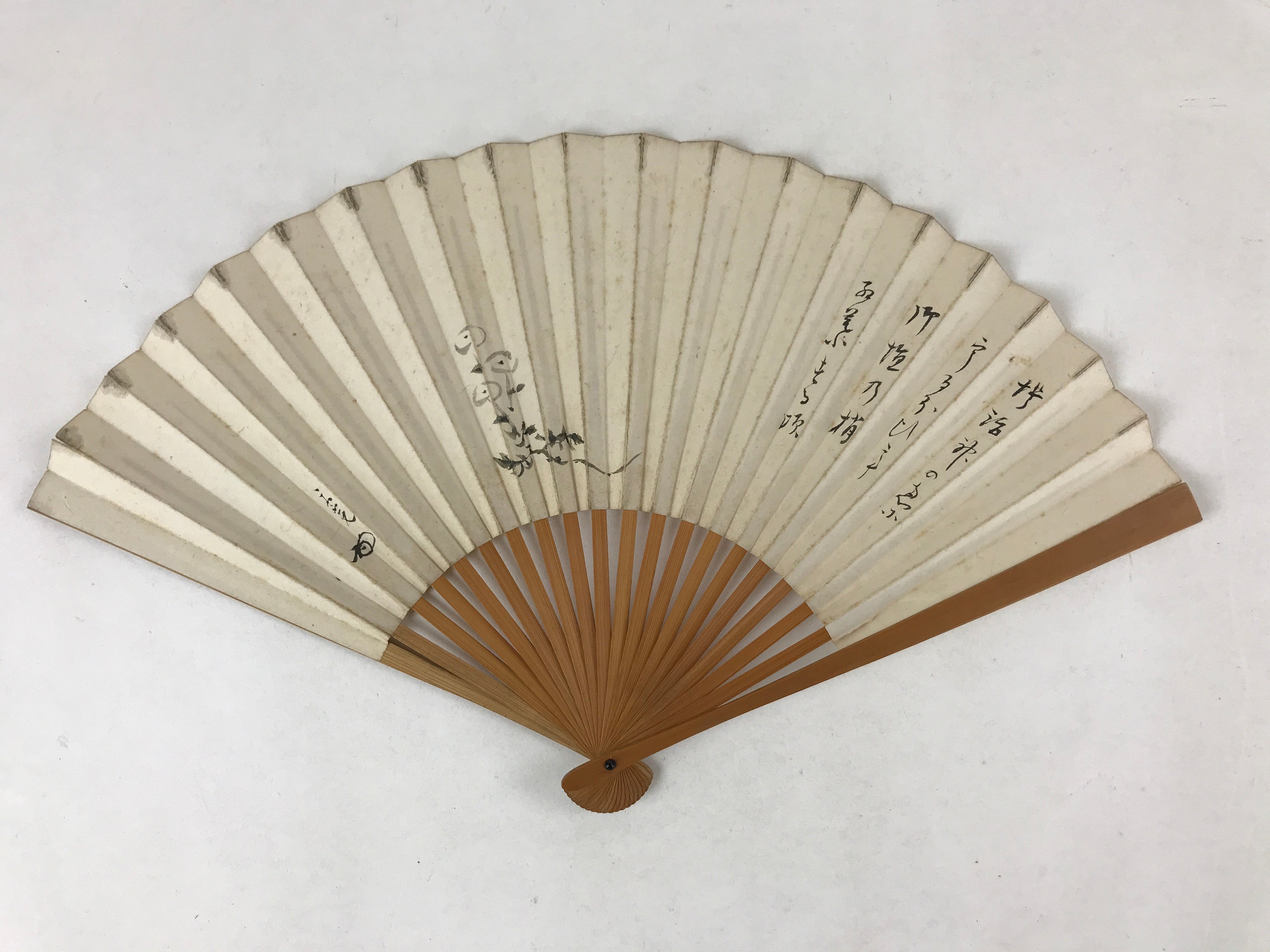 Japanese Paper Folding Fan Sensu Bamboo Frame Flowers Calligraphy 4D786