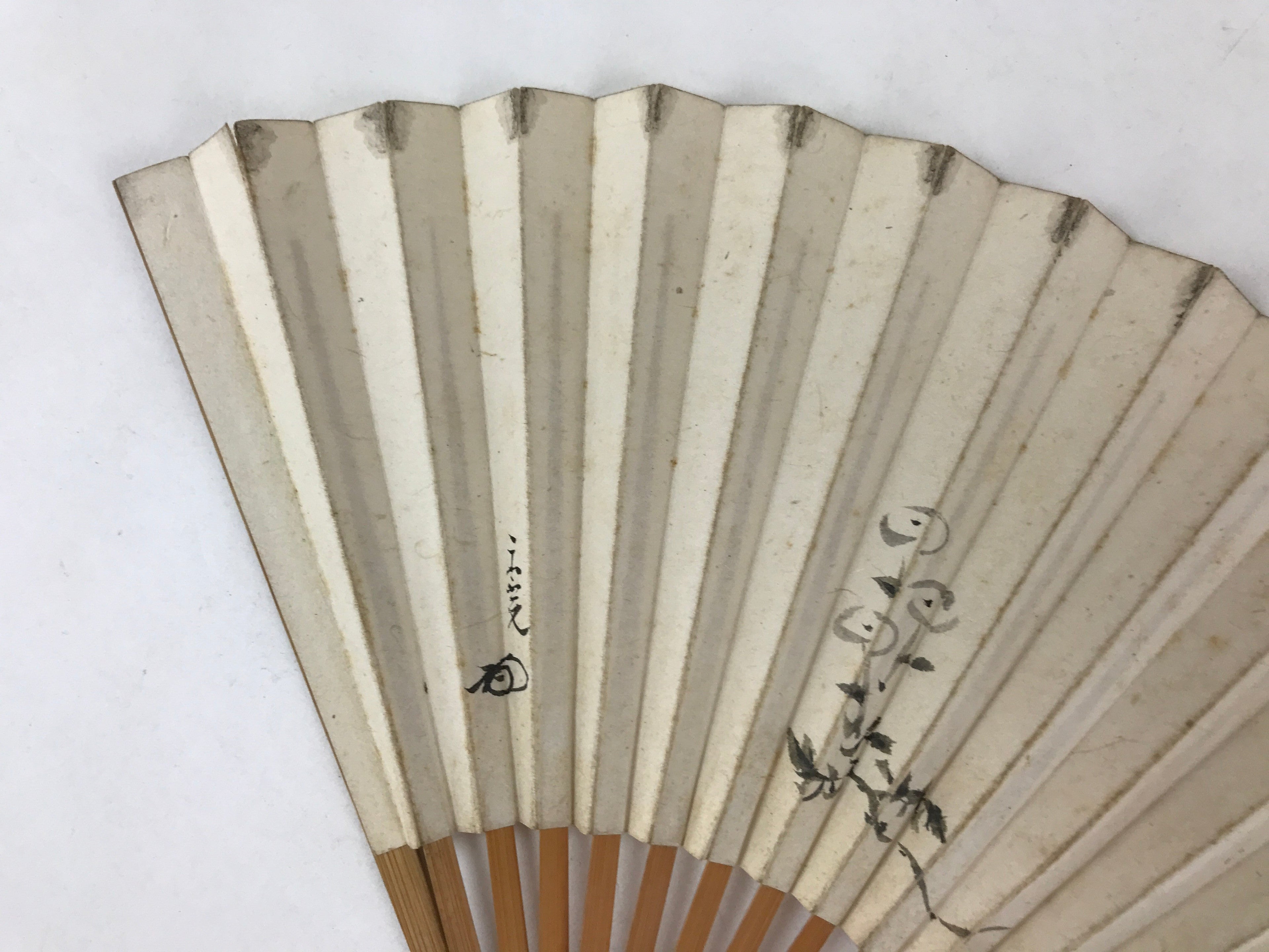 Japanese Paper Folding Fan Sensu Bamboo Frame Flowers Calligraphy 4D786