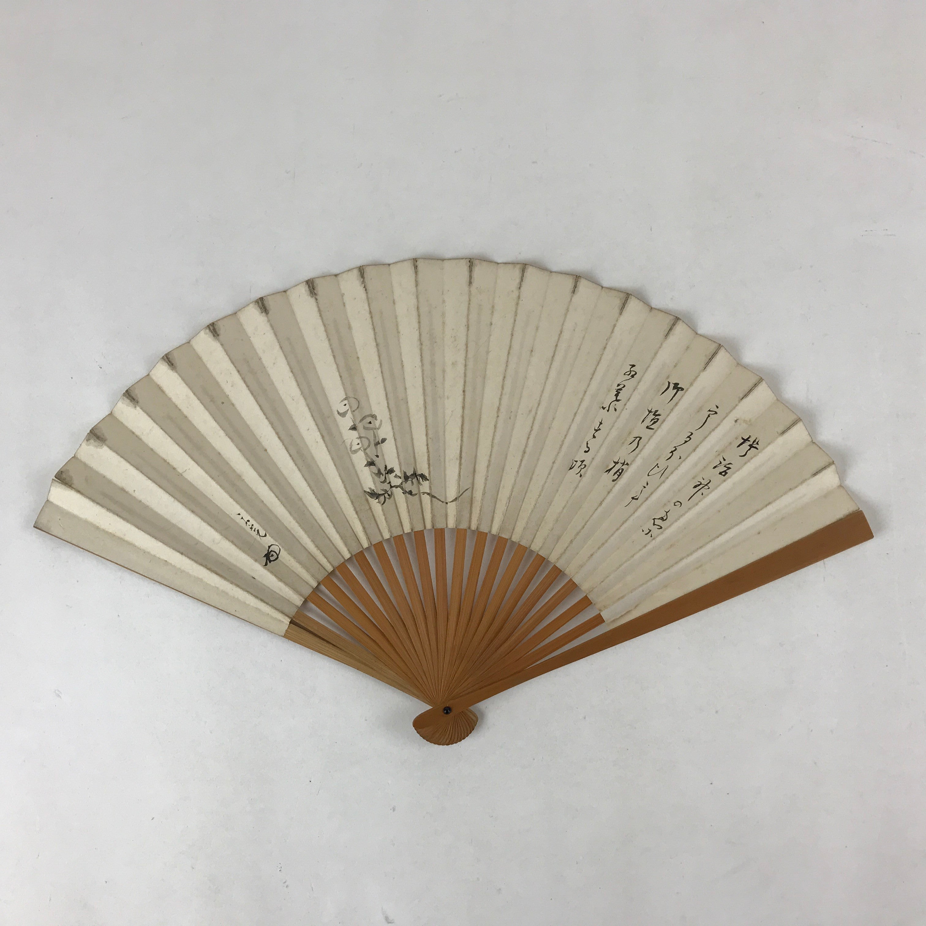 Japanese Paper Folding Fan Sensu Bamboo Frame Flowers Calligraphy 4D786
