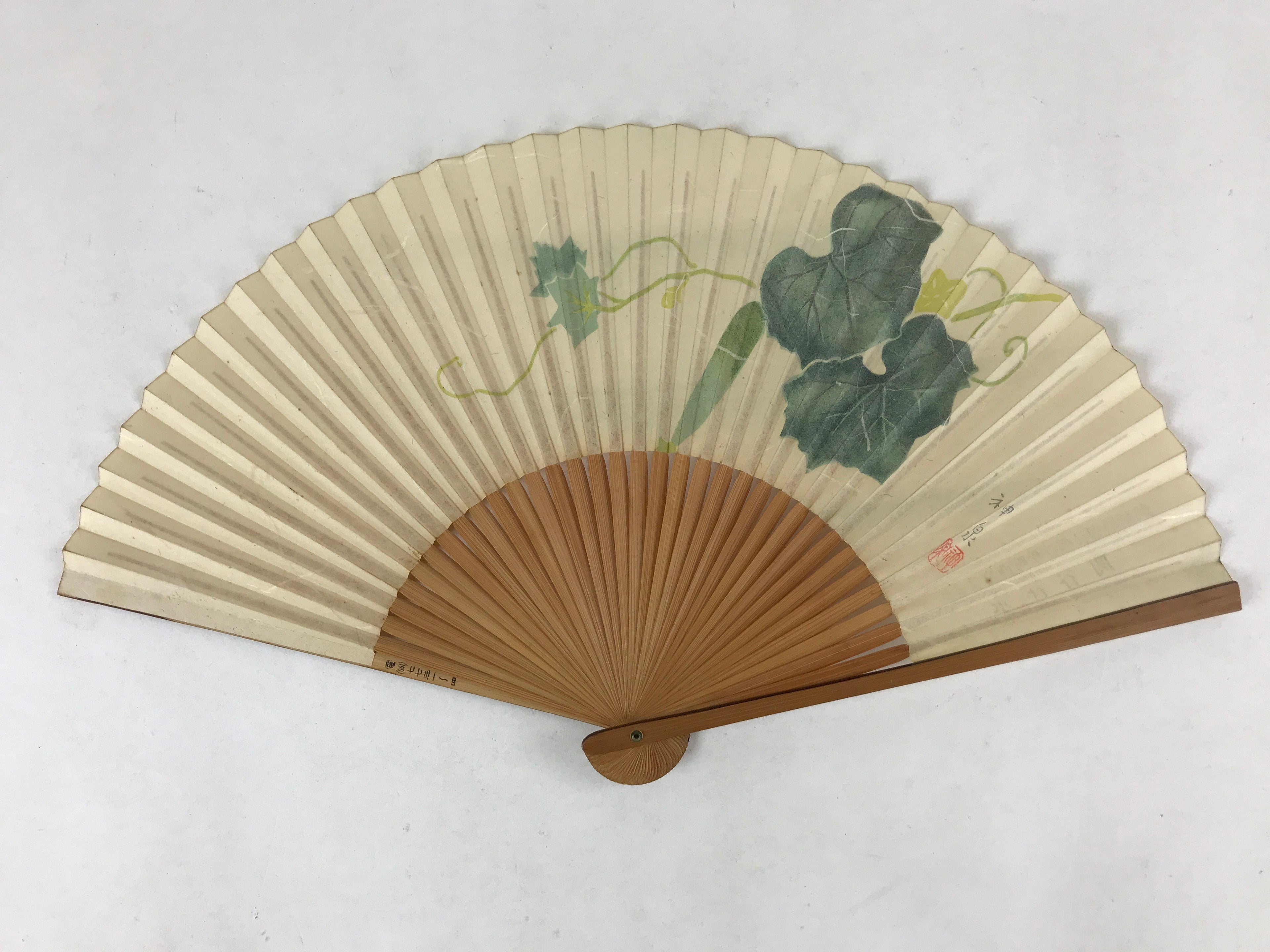 Japanese Paper Folding Fan Sensu Bamboo Frame Gourd Leaves Green 4D788