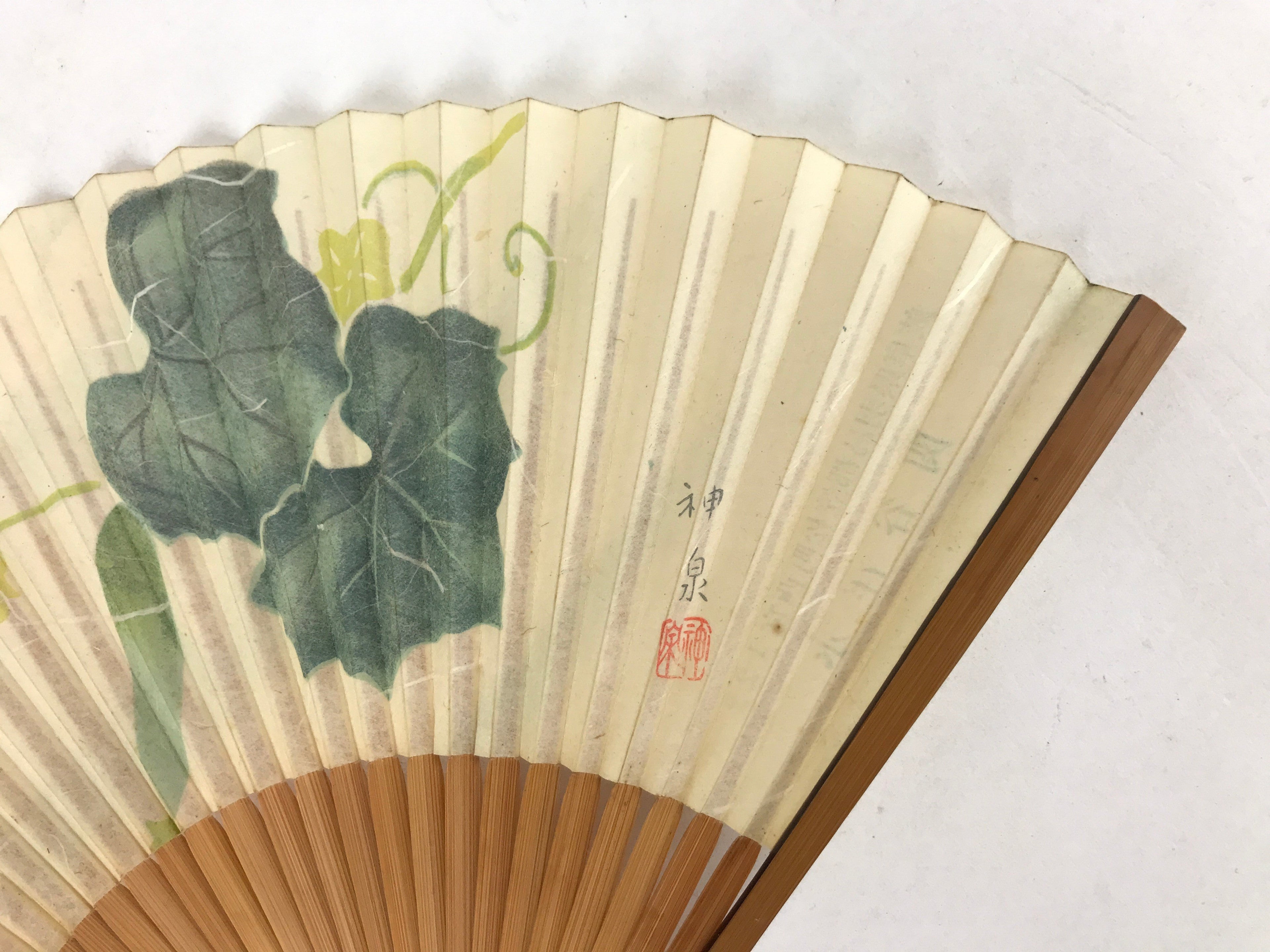 Japanese Paper Folding Fan Sensu Bamboo Frame Gourd Leaves Green 4D788