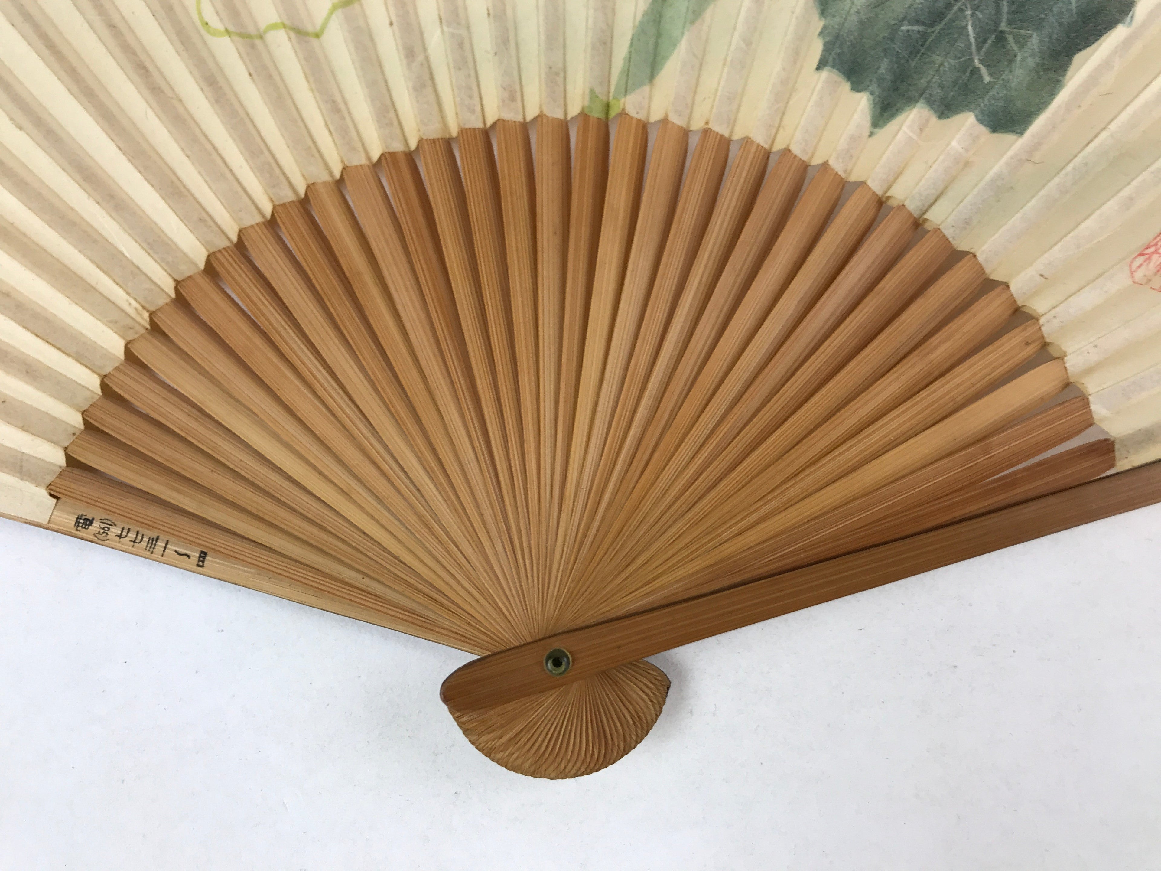 Japanese Paper Folding Fan Sensu Bamboo Frame Gourd Leaves Green 4D788