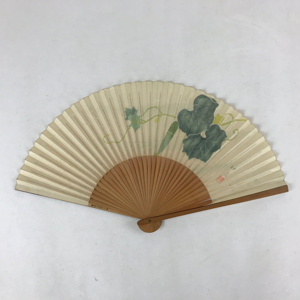 Japanese Paper Folding Fan Sensu Bamboo Frame Gourd Leaves Green 4D788