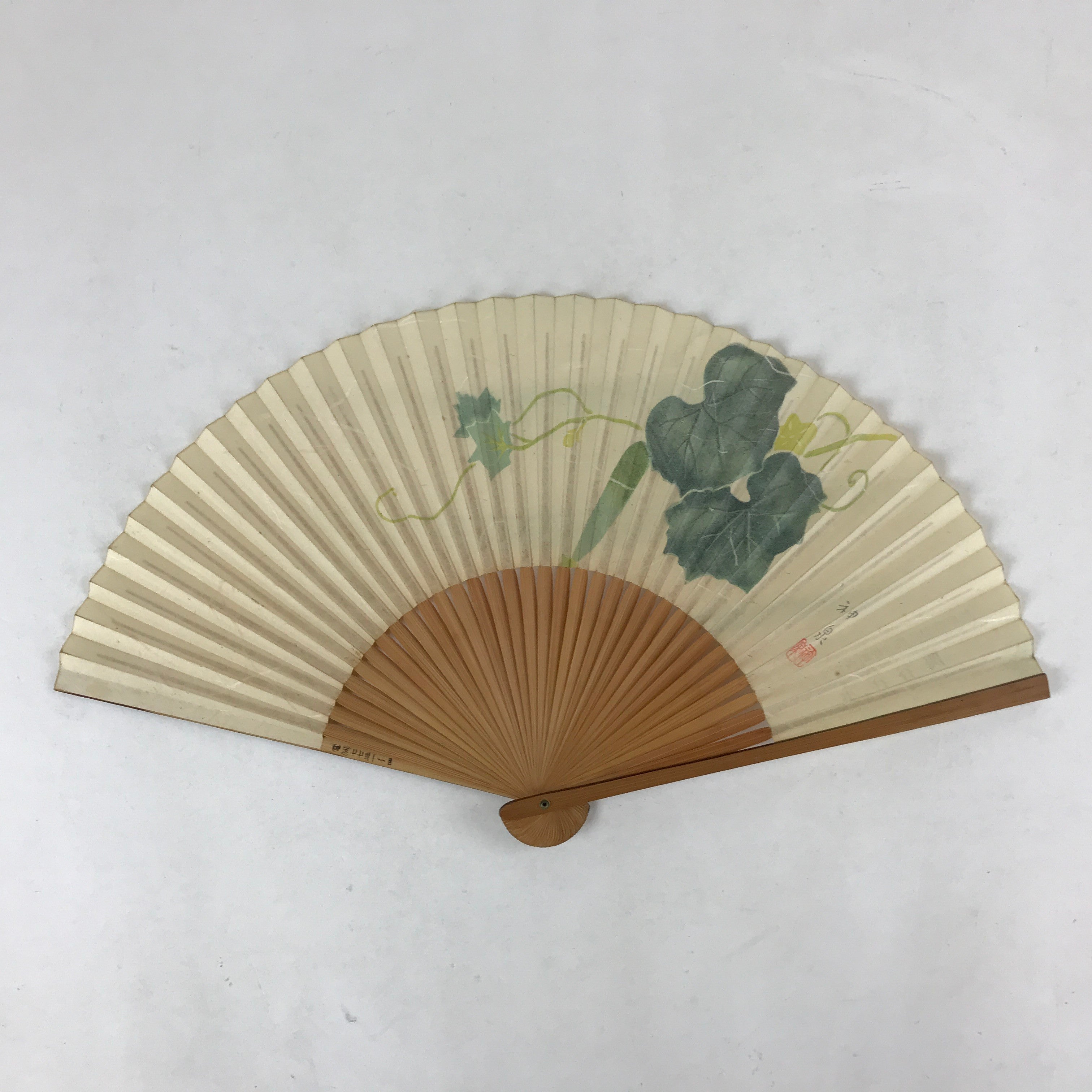 Japanese Paper Folding Fan Sensu Bamboo Frame Gourd Leaves Green 4D788