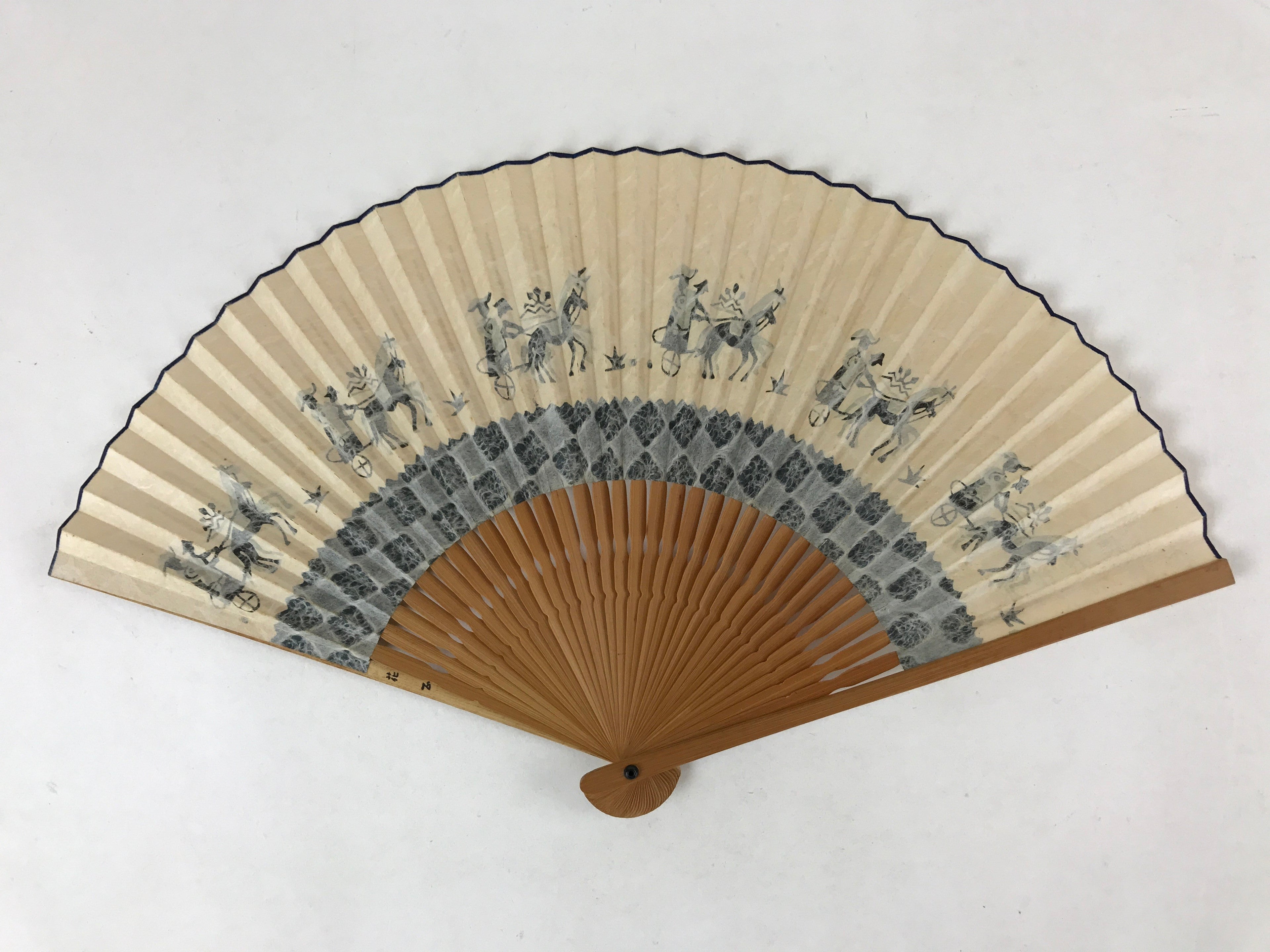 Japanese Paper Folding Fan Sensu Bamboo Frame Horses Blue Animals 4D783