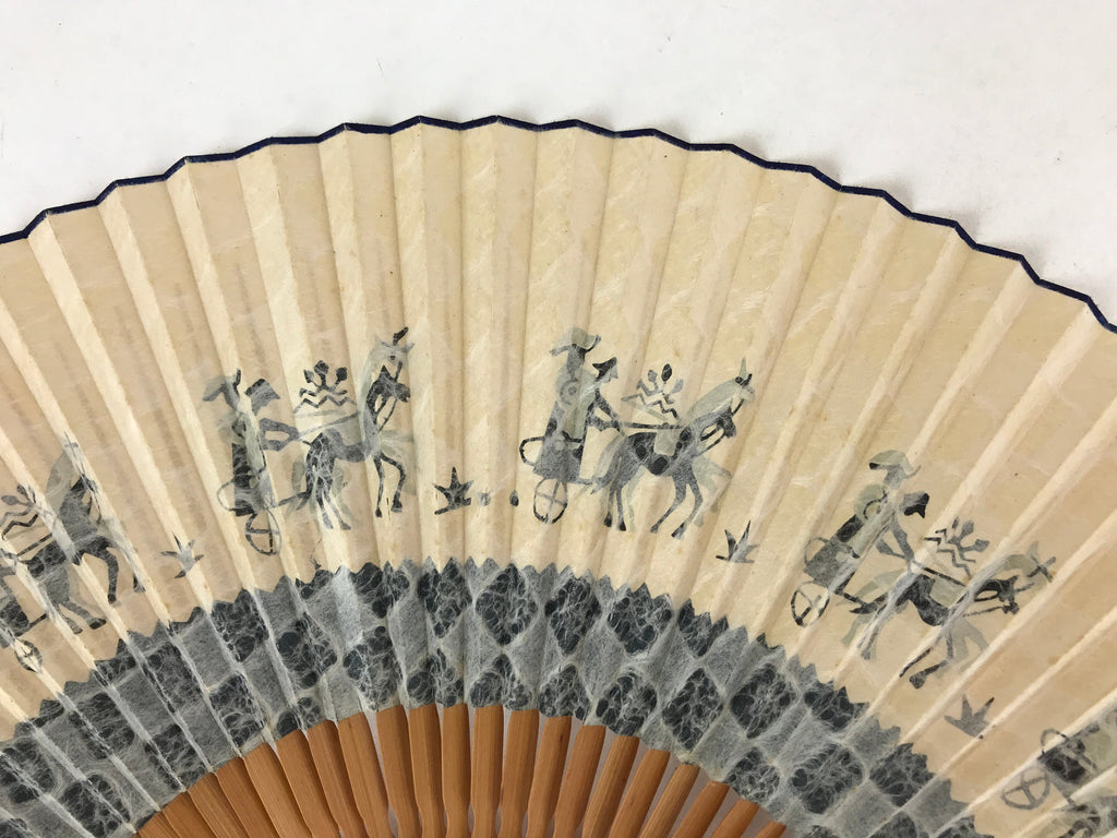 Japanese Paper Folding Fan Sensu Bamboo Frame Horses Blue Animals 4D783