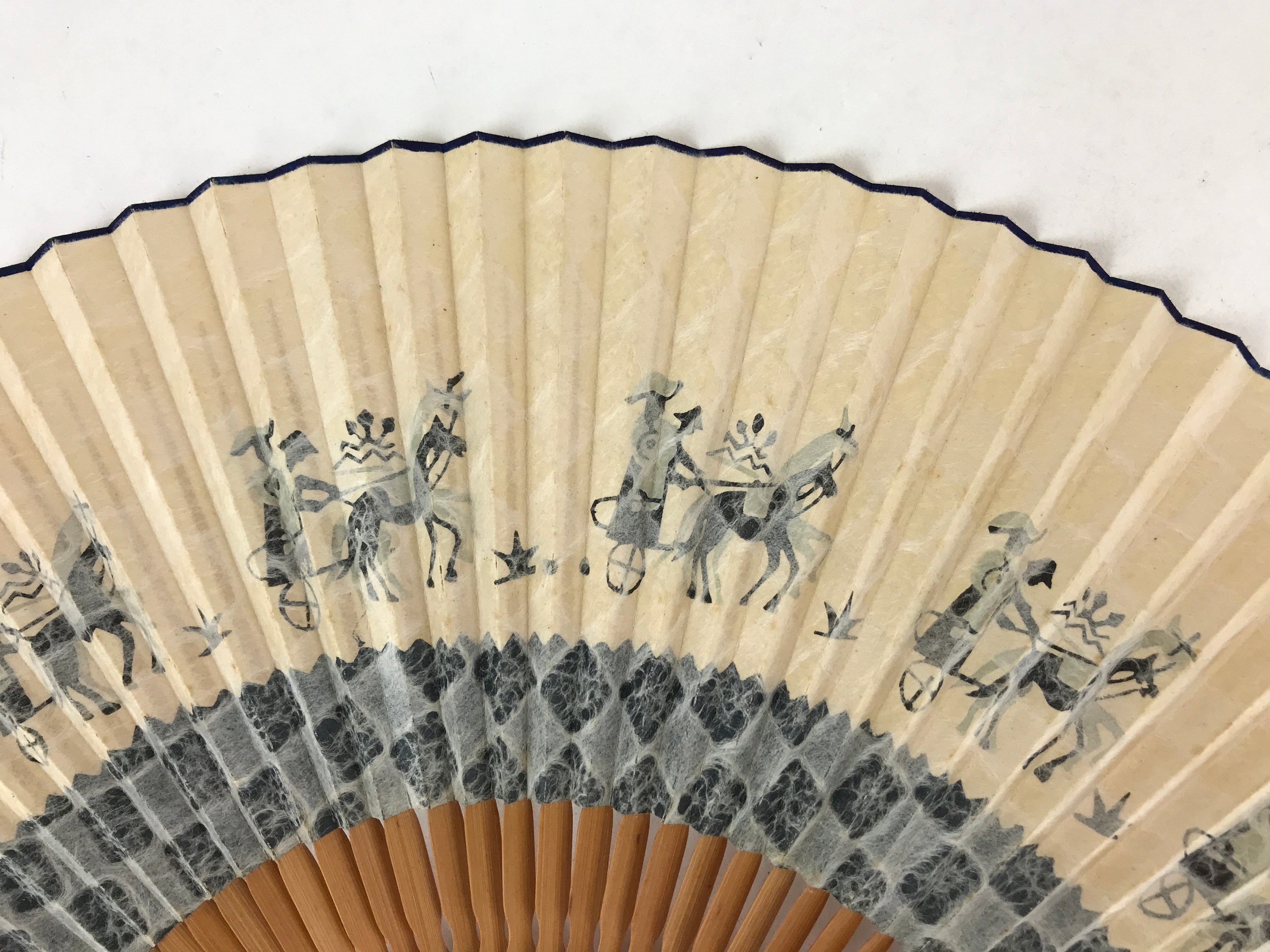 Japanese Paper Folding Fan Sensu Bamboo Frame Horses Blue Animals 4D783