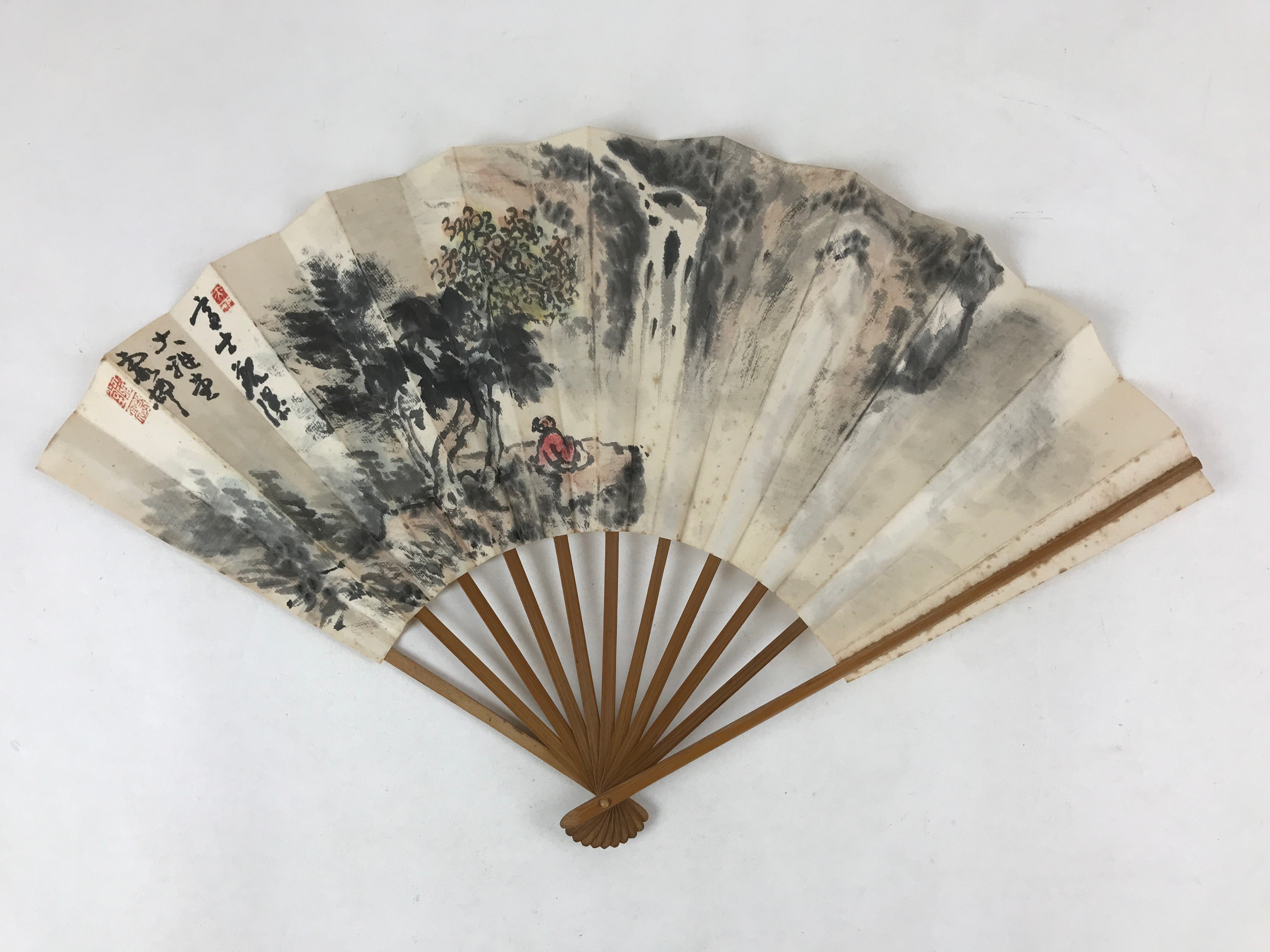 Japanese Paper Folding Fan Sensu Bamboo Frame Landscape Painting 4D776
