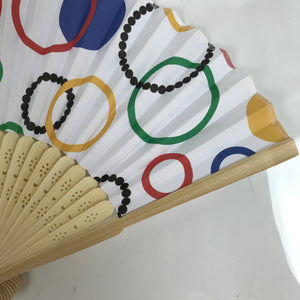 Japanese Paper Folding Fan Sensu Bamboo Frame Multicolored Rings Pattern 4D844