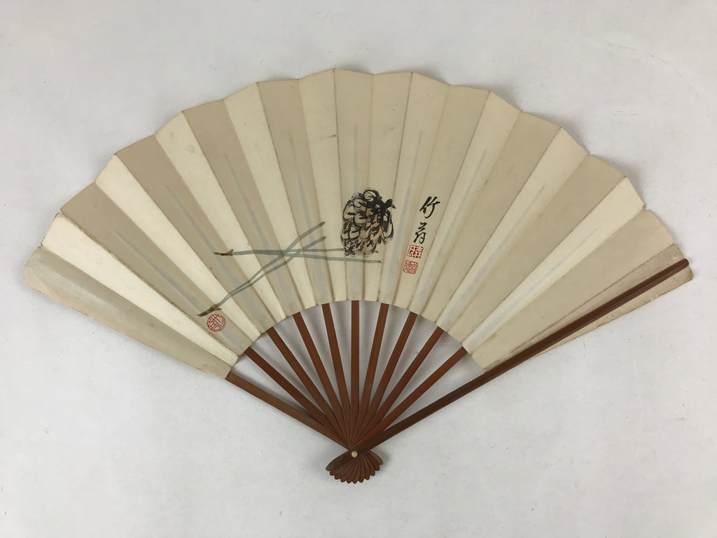 Japanese Paper Folding Fan Sensu Bamboo Frame Pine Cone Pine Needles 4D778