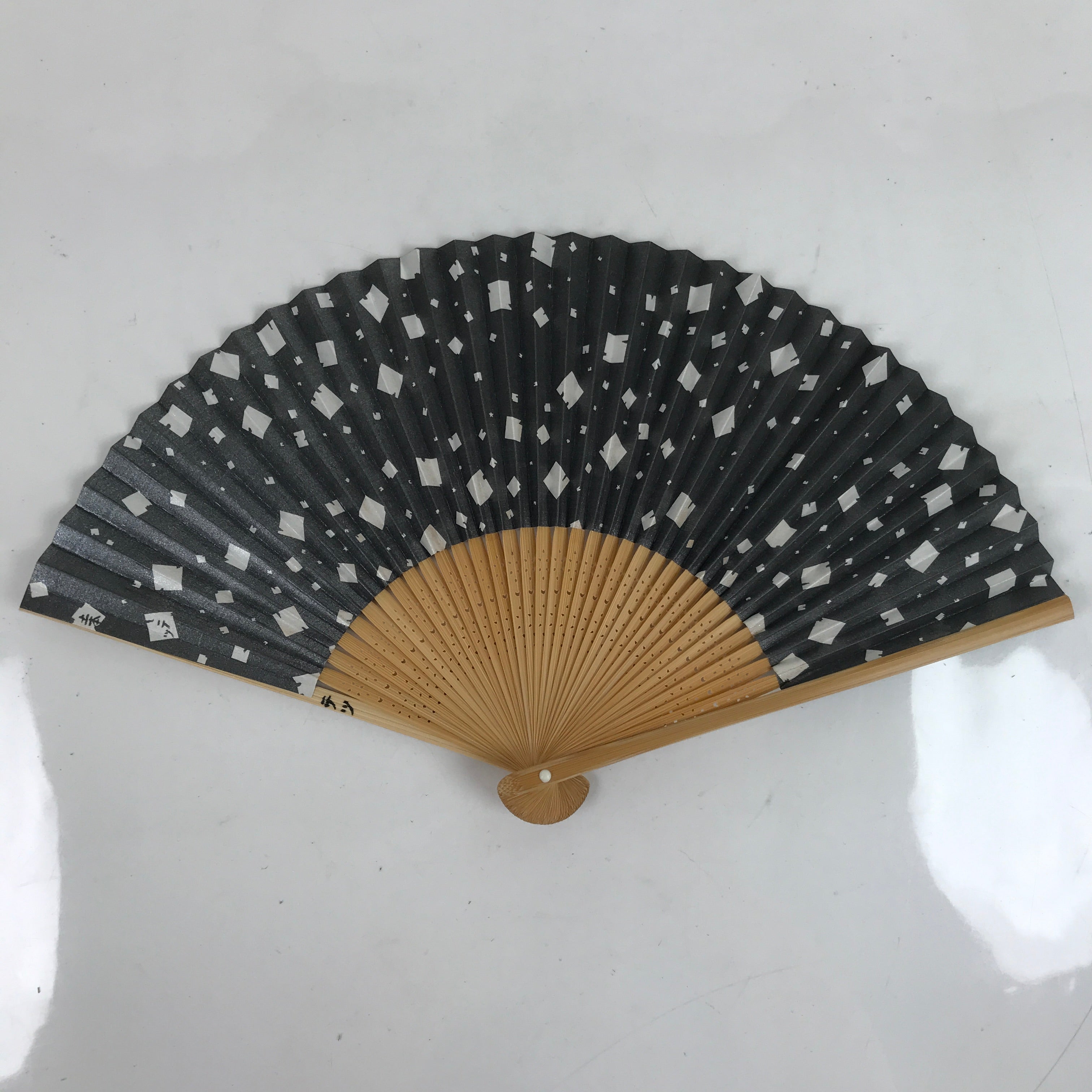 Japanese Paper Folding Fan Sensu Bamboo Frame Squares Design w/Case 4D824