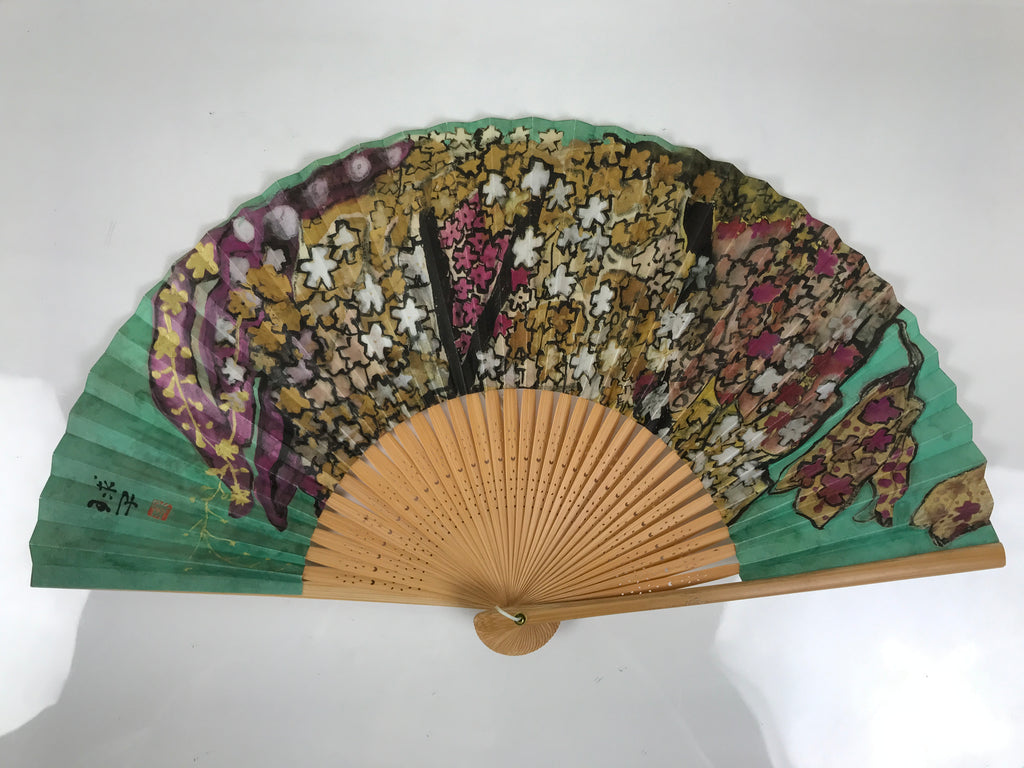 Japanese Paper Folding Fan Sensu Bamboo Frame Teal Purple Floral Design 4D979