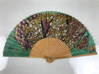 Japanese Paper Folding Fan Sensu Bamboo Frame Teal Purple Floral Design 4D979