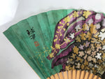 Japanese Paper Folding Fan Sensu Bamboo Frame Teal Purple Floral Design 4D979