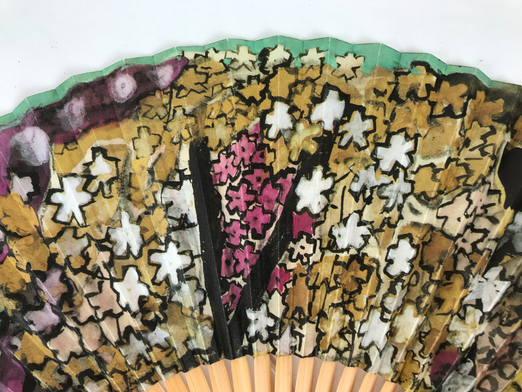 Japanese Paper Folding Fan Sensu Bamboo Frame Teal Purple Floral Design 4D979