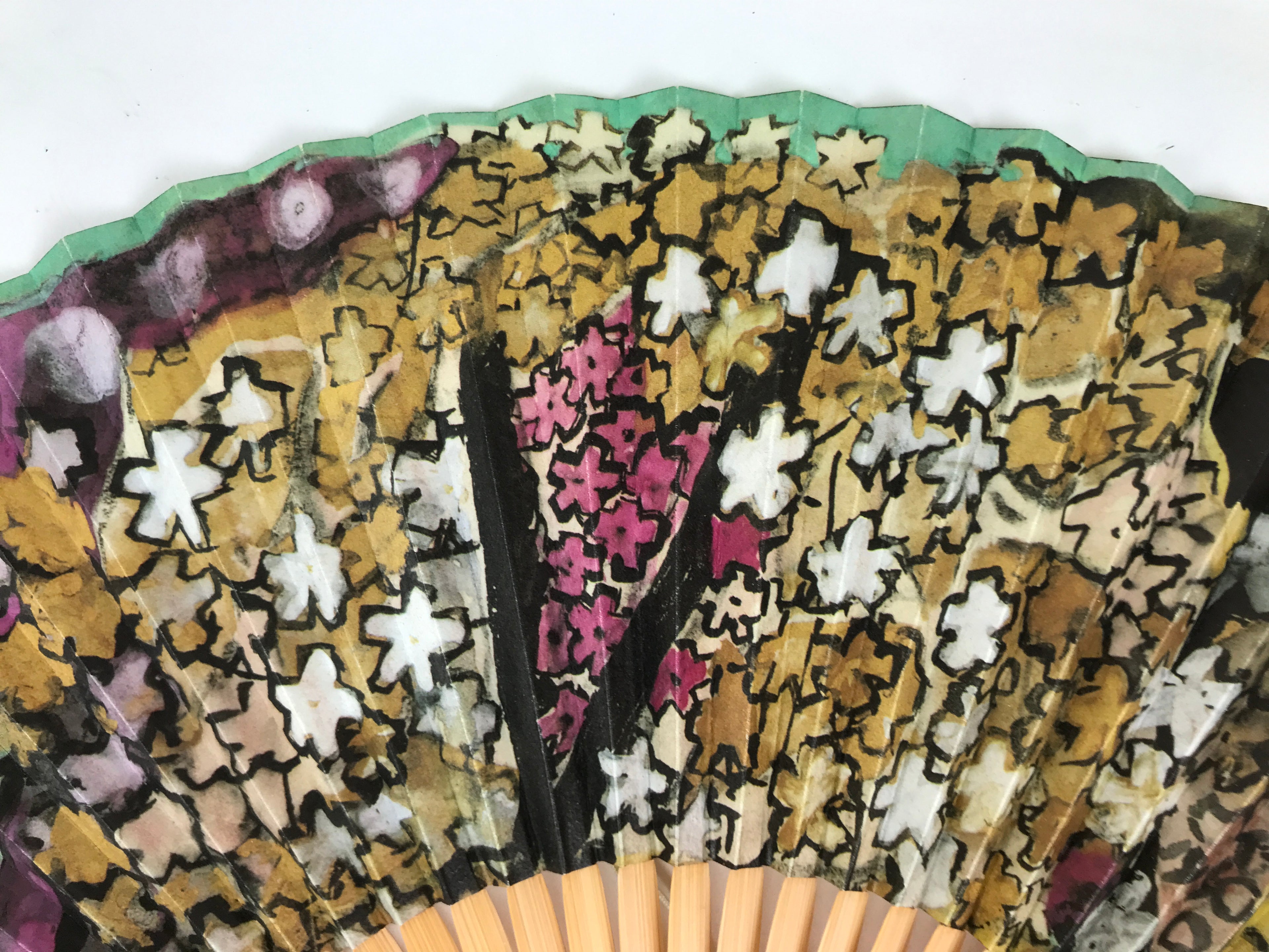 Japanese Paper Folding Fan Sensu Bamboo Frame Teal Purple Floral Design 4D979