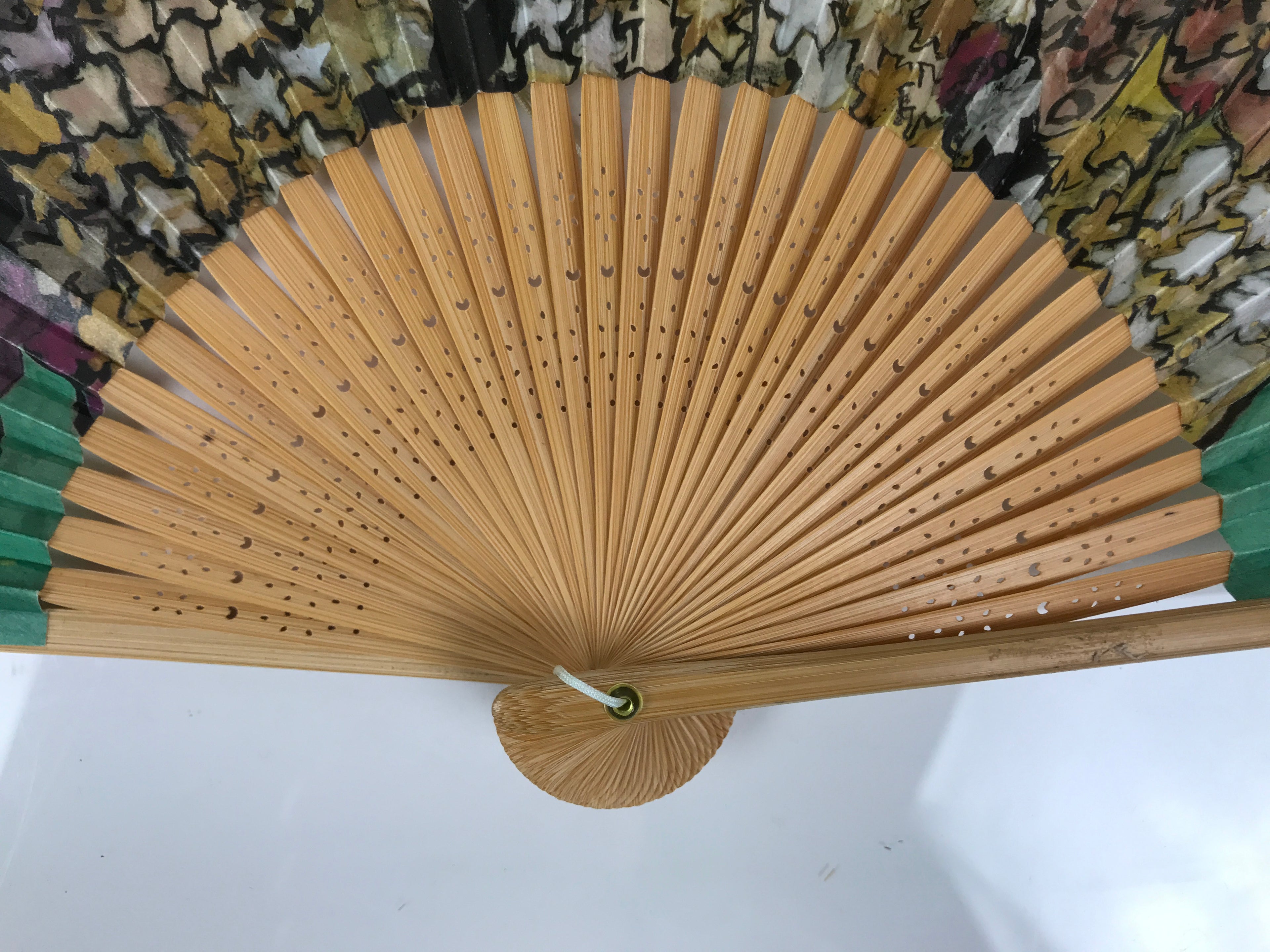 Japanese Paper Folding Fan Sensu Bamboo Frame Teal Purple Floral Design 4D979