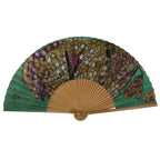 Japanese Paper Folding Fan Sensu Bamboo Frame Teal Purple Floral Design 4D979