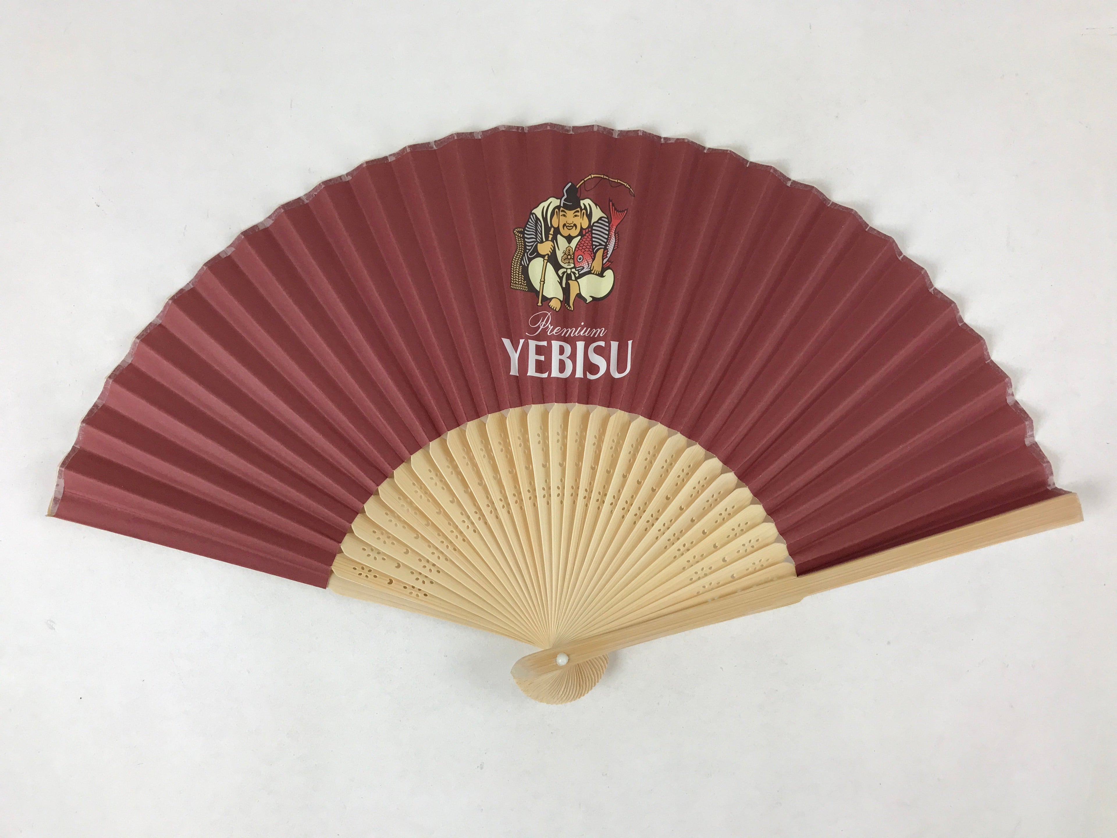 Japanese Paper Folding Fan Sensu Bamboo Frame Yebisu Beer Logo Red 4D765