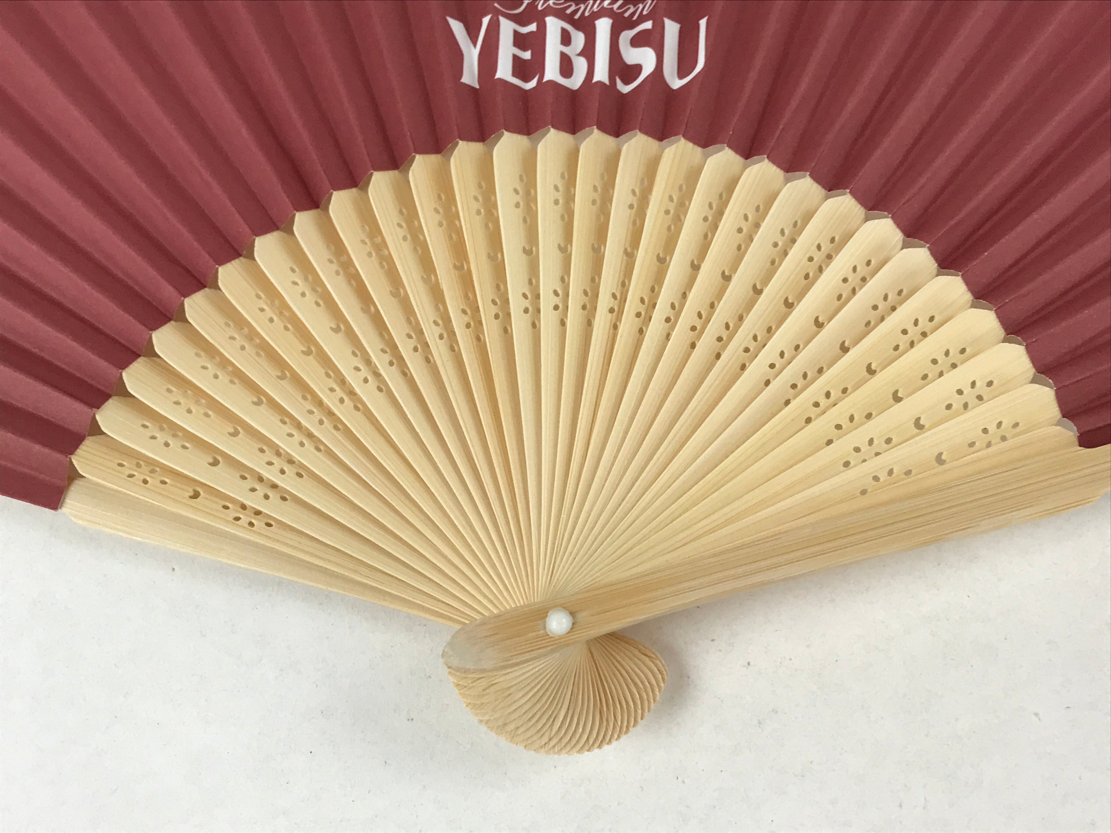 Japanese Paper Folding Fan Sensu Bamboo Frame Yebisu Beer Logo Red 4D765