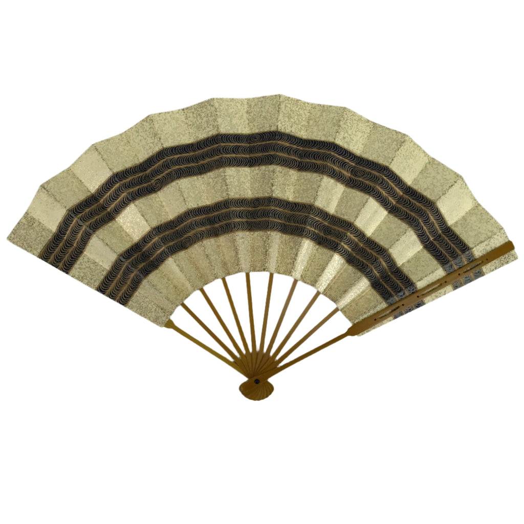 Japanese Paper Folding Fan Sensu Maisen Vtg Bamboo Frame Gold Waves 4D874