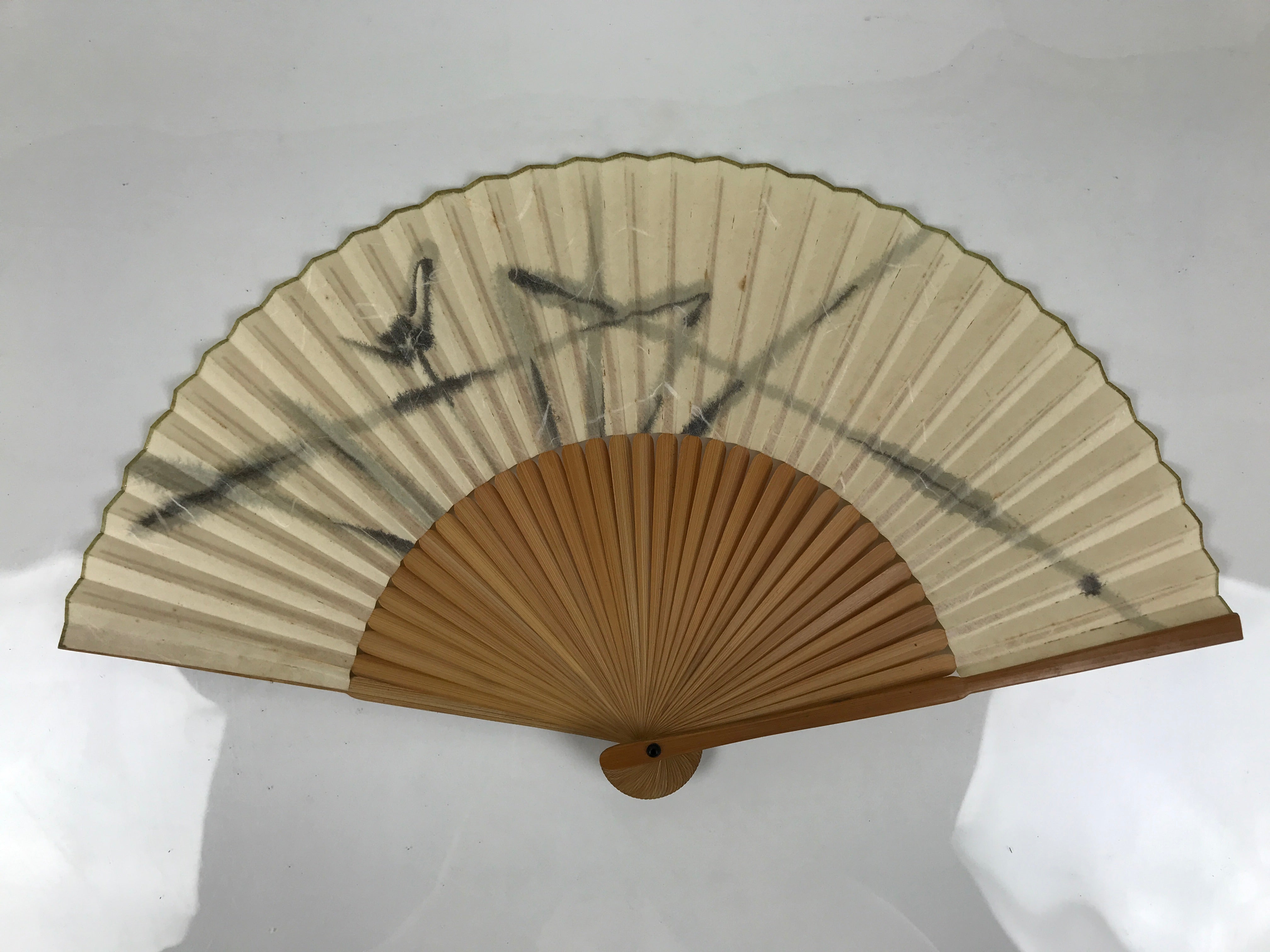 Japanese Paper Folding Fan Sensu Vtg Bamboo Frame Abstract Dragonfly Plant 4D902
