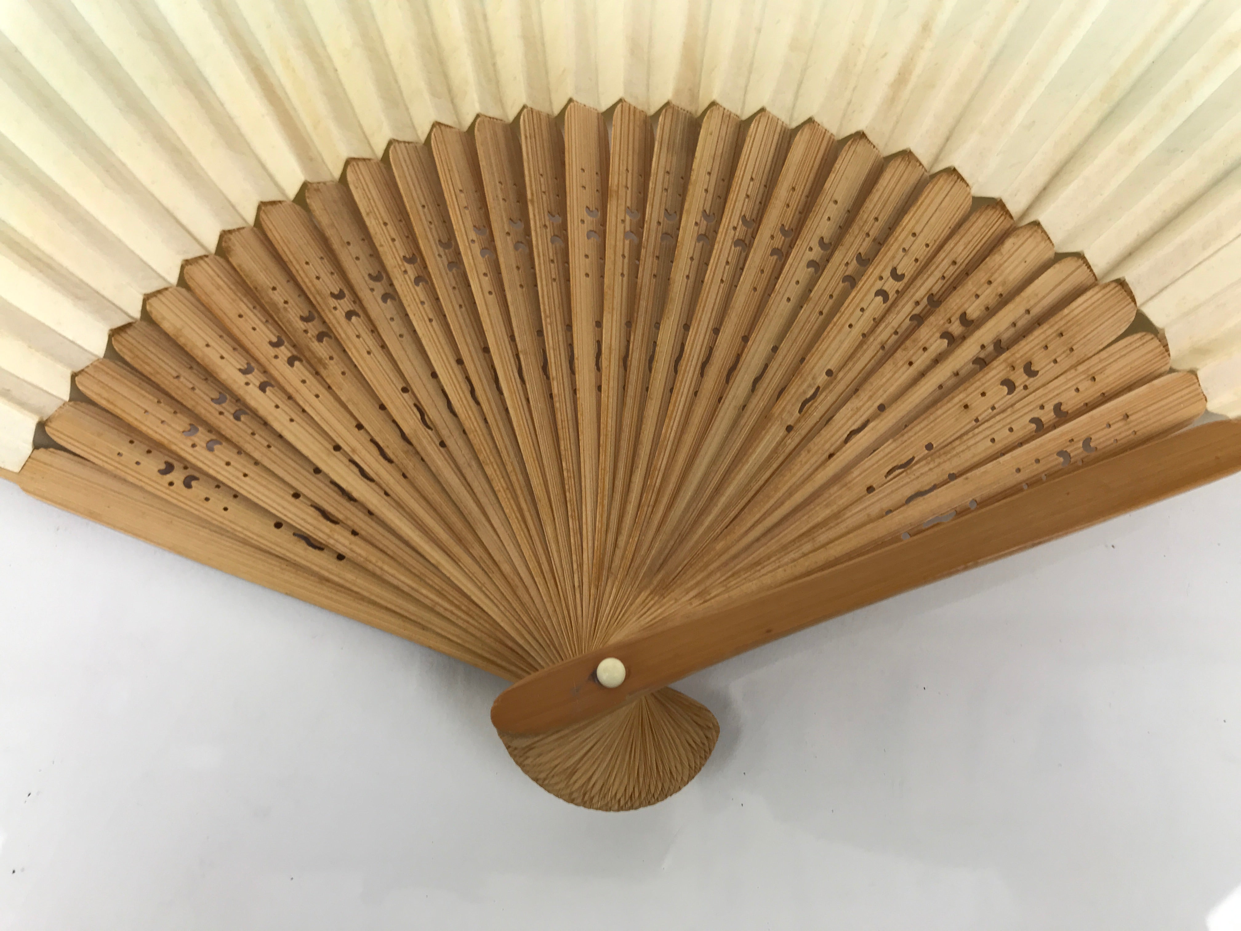 Japanese Paper Folding Fan Sensu Vtg Bamboo Frame Beige Blue Stripe Insect 4D911