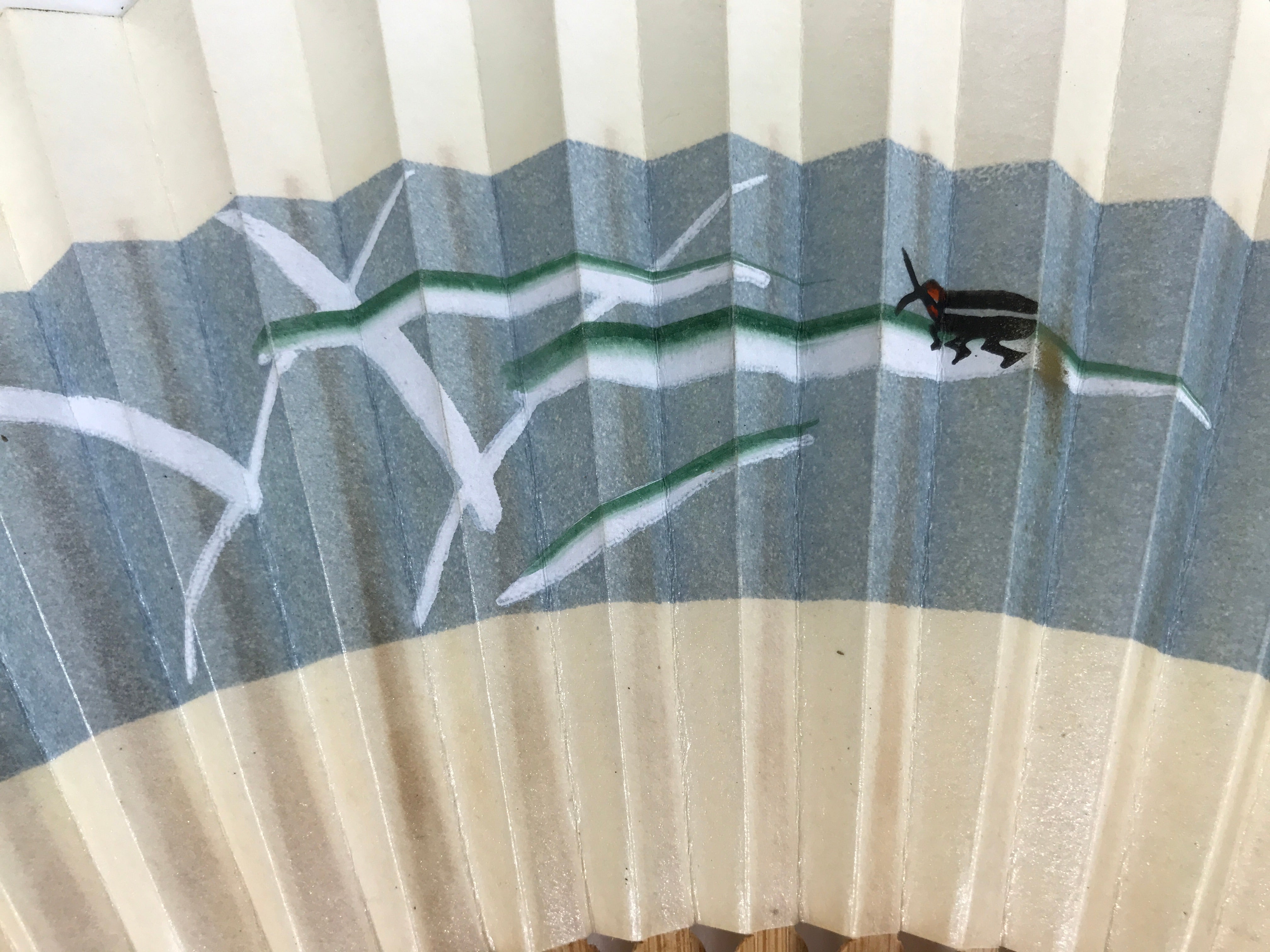 Japanese Paper Folding Fan Sensu Vtg Bamboo Frame Beige Blue Stripe Insect 4D911