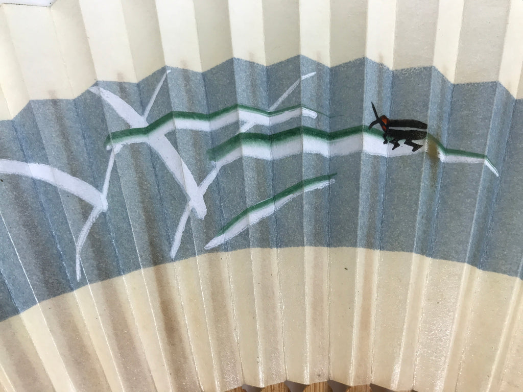 Japanese Paper Folding Fan Sensu Vtg Bamboo Frame Beige Blue Stripe Insect 4D911