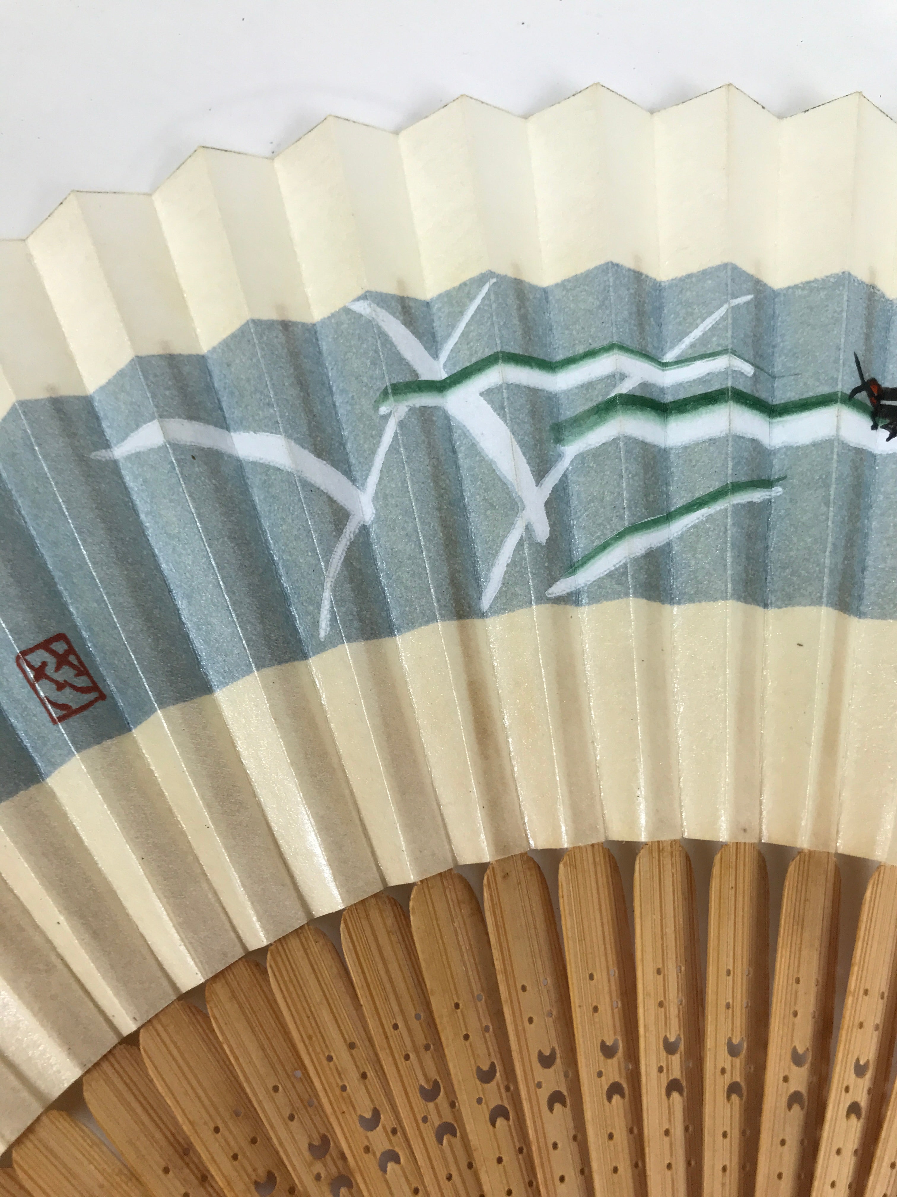 Japanese Paper Folding Fan Sensu Vtg Bamboo Frame Beige Blue Stripe Insect 4D911