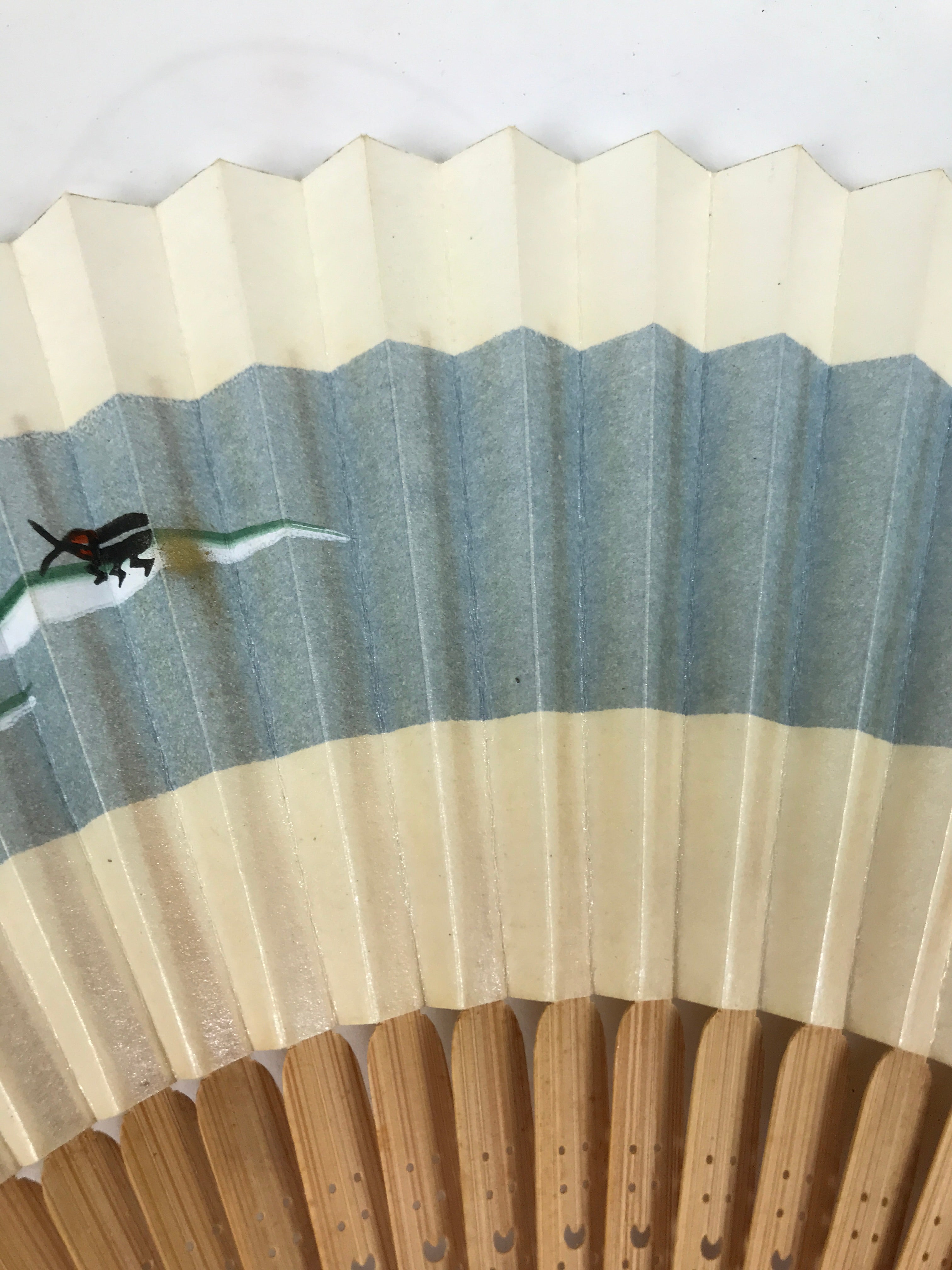 Japanese Paper Folding Fan Sensu Vtg Bamboo Frame Beige Blue Stripe Insect 4D911