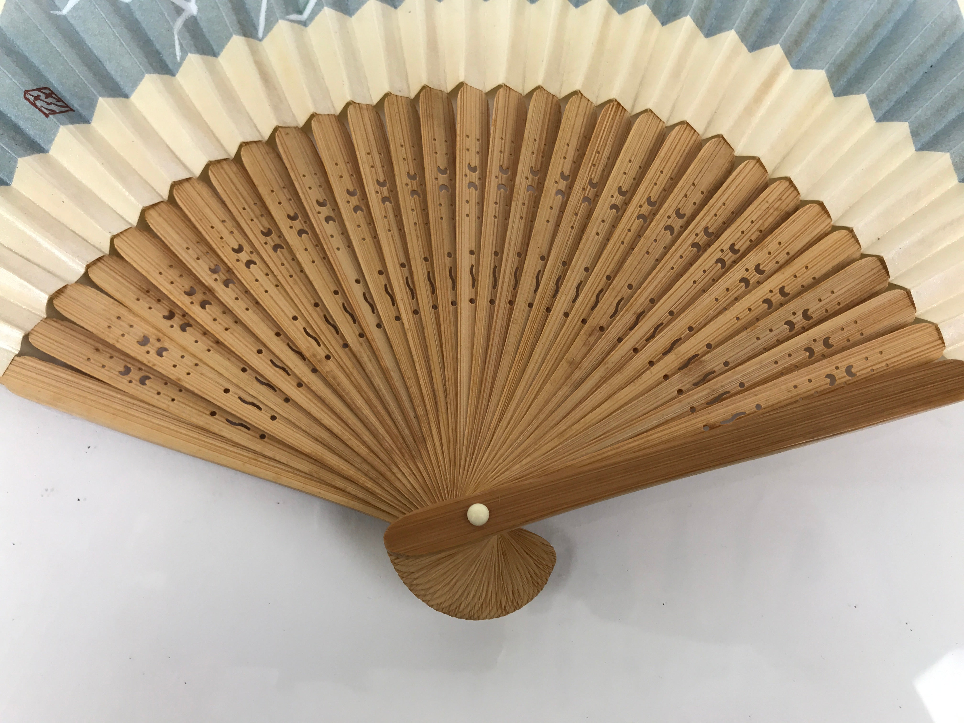 Japanese Paper Folding Fan Sensu Vtg Bamboo Frame Beige Blue Stripe Insect 4D911