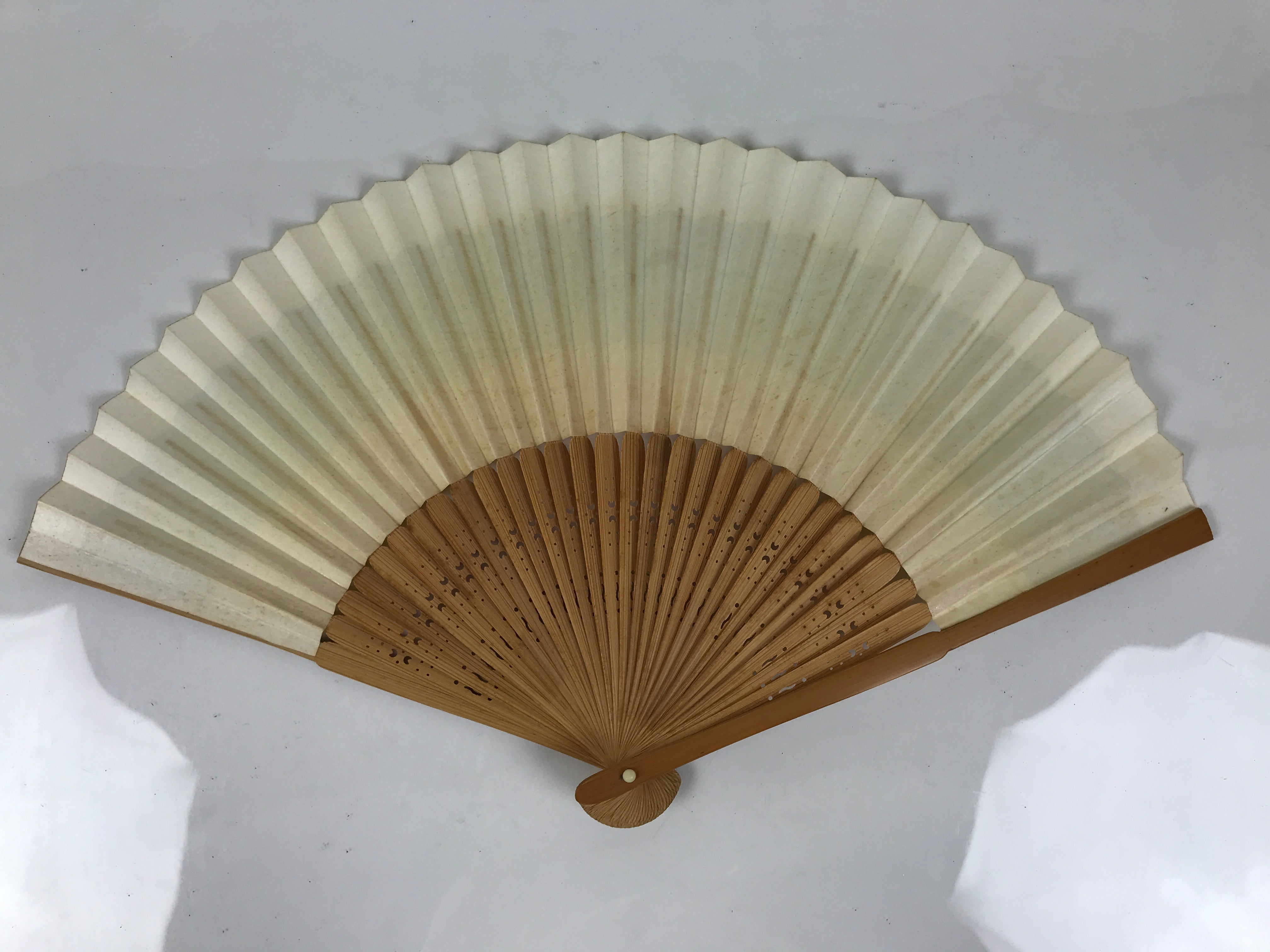 Japanese Paper Folding Fan Sensu Vtg Bamboo Frame Beige Blue Stripe Insect 4D911