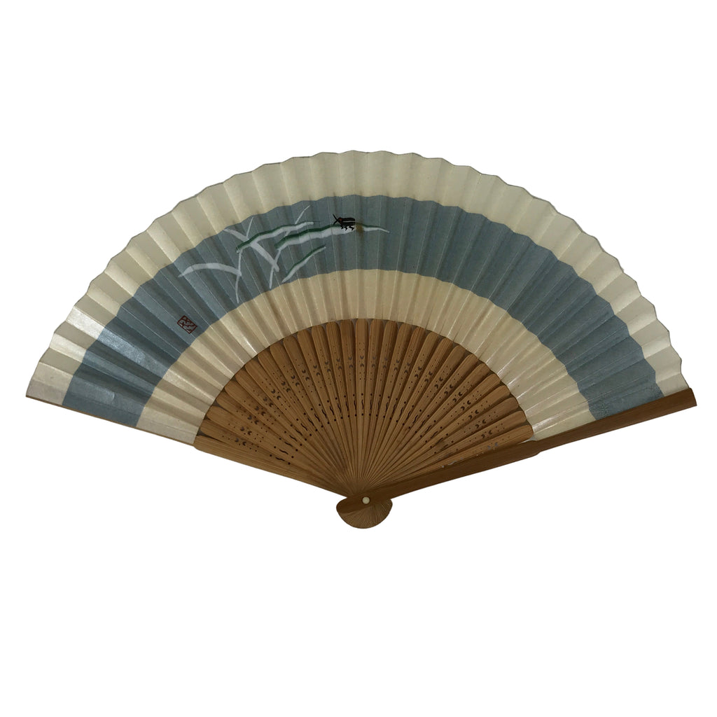 Japanese Paper Folding Fan Sensu Vtg Bamboo Frame Beige Blue Stripe Insect 4D911