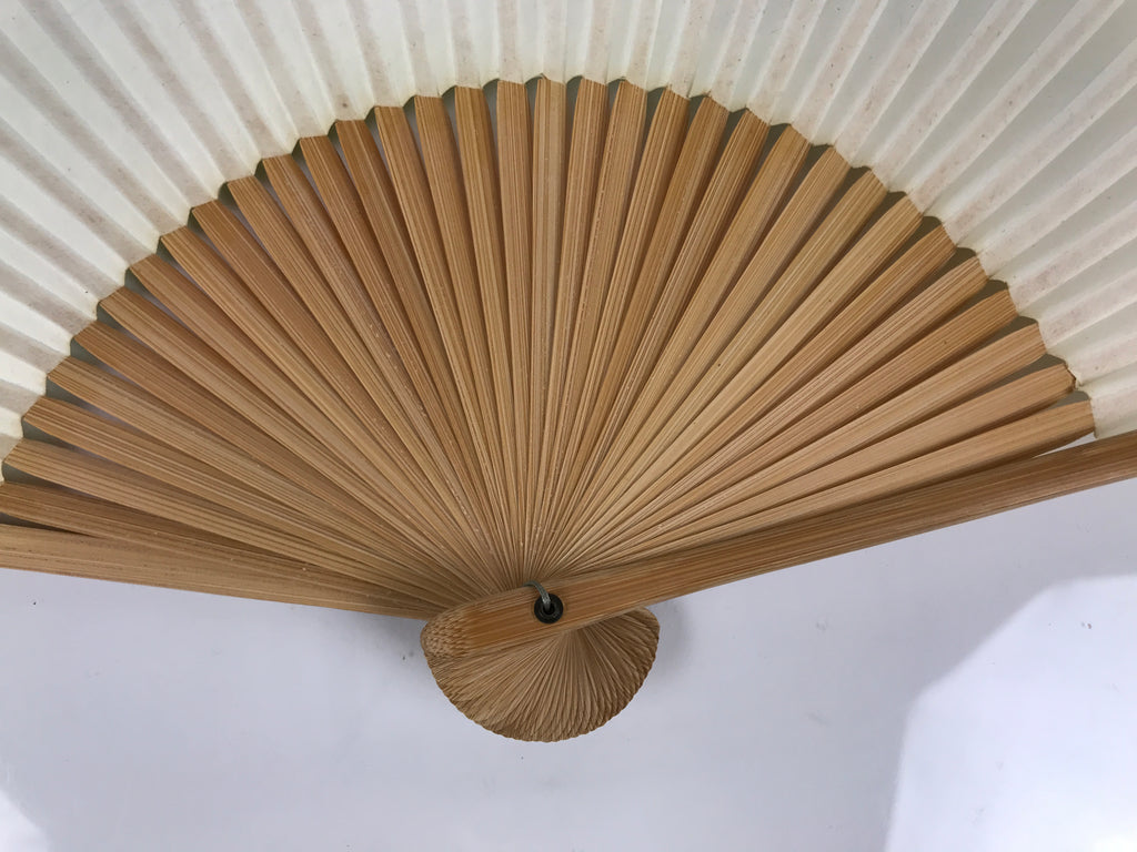 Japanese Paper Folding Fan Sensu Vtg Bamboo Frame Beige Green Town River 5D43