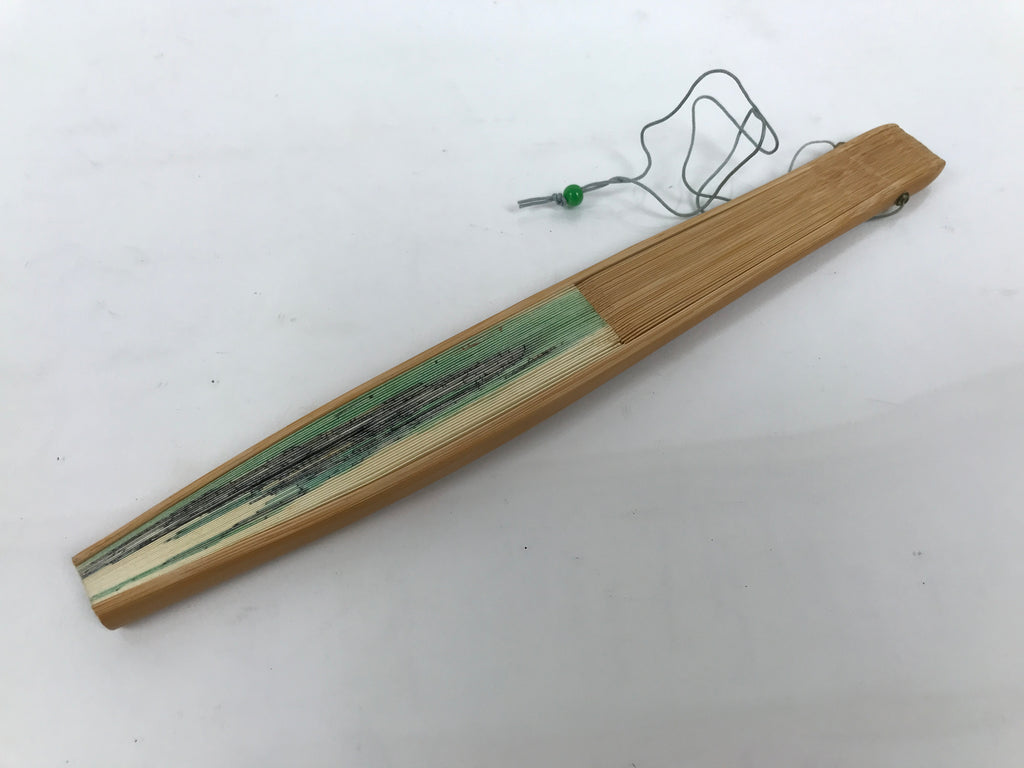 Japanese Paper Folding Fan Sensu Vtg Bamboo Frame Beige Green Town River 5D43