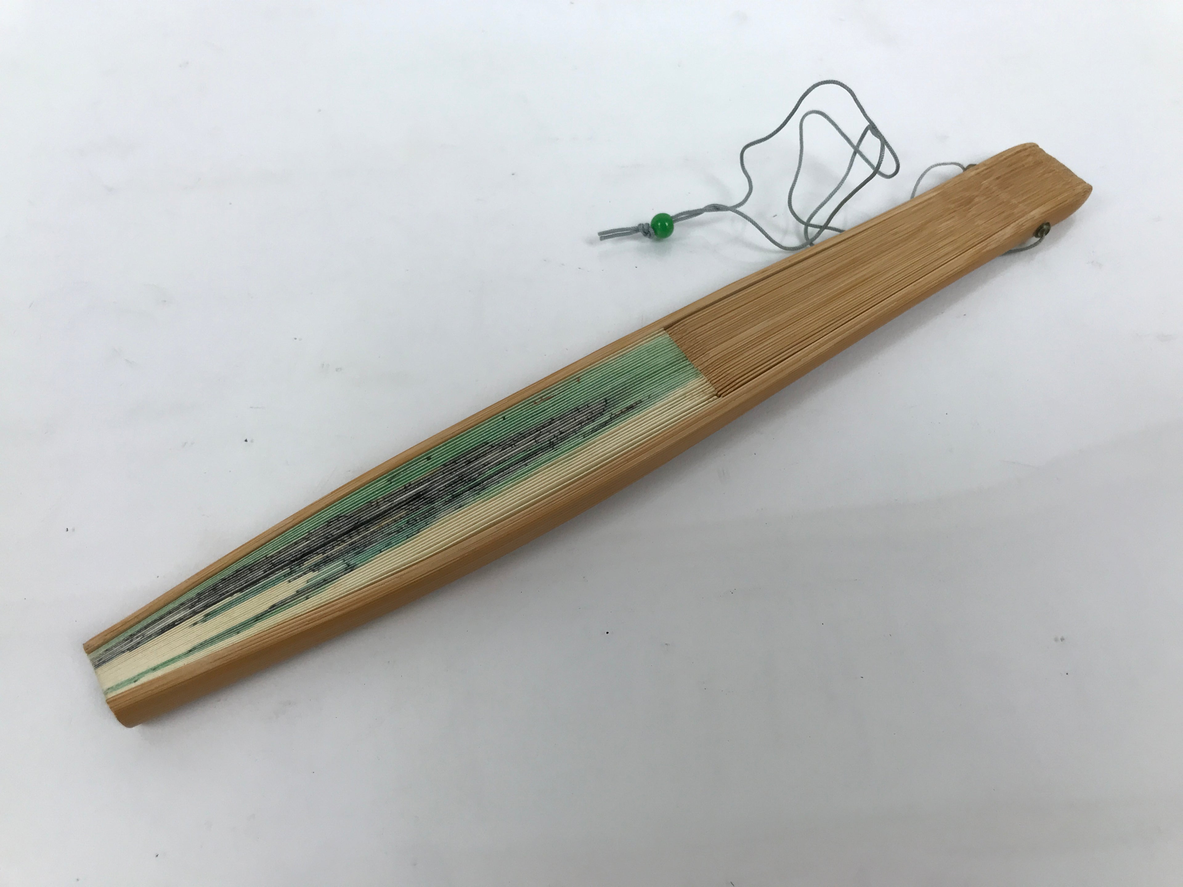 Japanese Paper Folding Fan Sensu Vtg Bamboo Frame Beige Green Town River 5D43