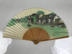 Japanese Paper Folding Fan Sensu Vtg Bamboo Frame Beige Green Town River 5D43