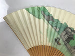 Japanese Paper Folding Fan Sensu Vtg Bamboo Frame Beige Green Town River 5D43