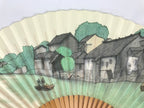 Japanese Paper Folding Fan Sensu Vtg Bamboo Frame Beige Green Town River 5D43