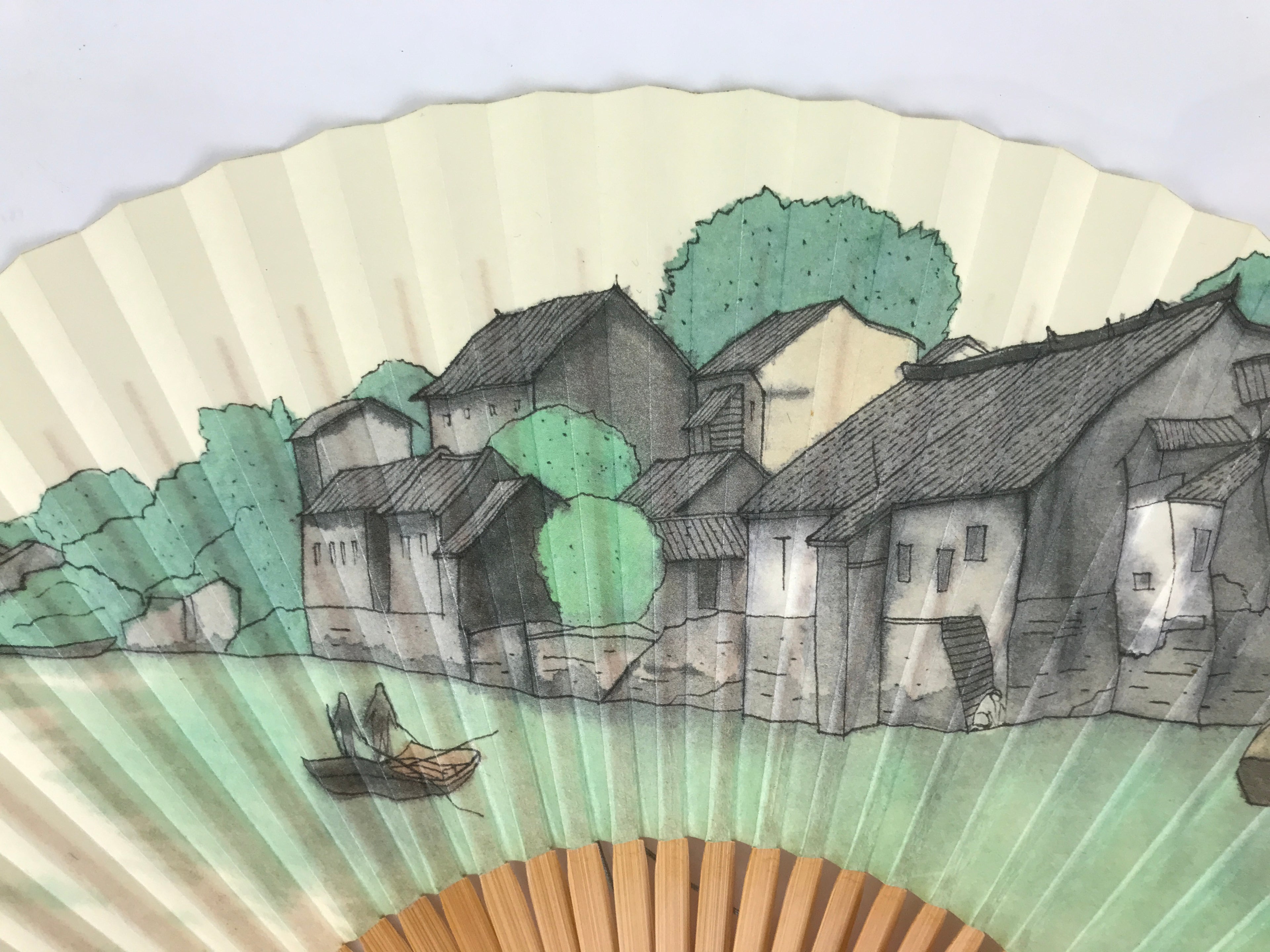 Japanese Paper Folding Fan Sensu Vtg Bamboo Frame Beige Green Town River 5D43