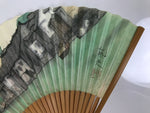 Japanese Paper Folding Fan Sensu Vtg Bamboo Frame Beige Green Town River 5D43