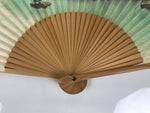 Japanese Paper Folding Fan Sensu Vtg Bamboo Frame Beige Green Town River 5D43